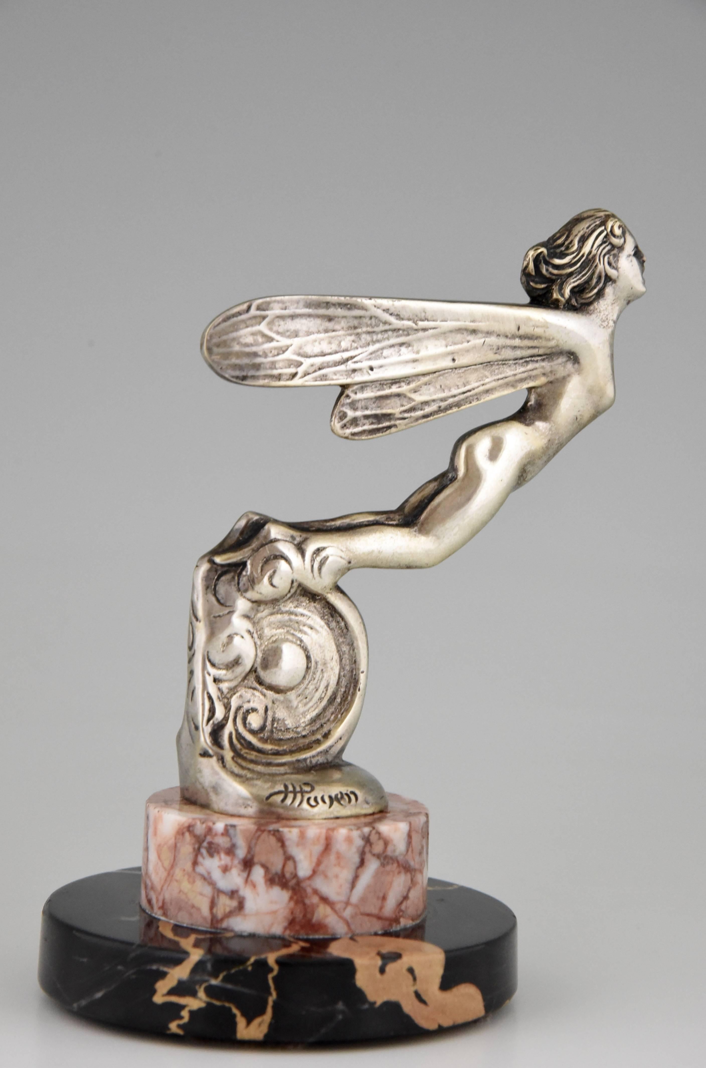 French Art Deco Car Mascot Silvered Bronze Winged Nude by Payen, 1930 In Good Condition In Antwerp, BE