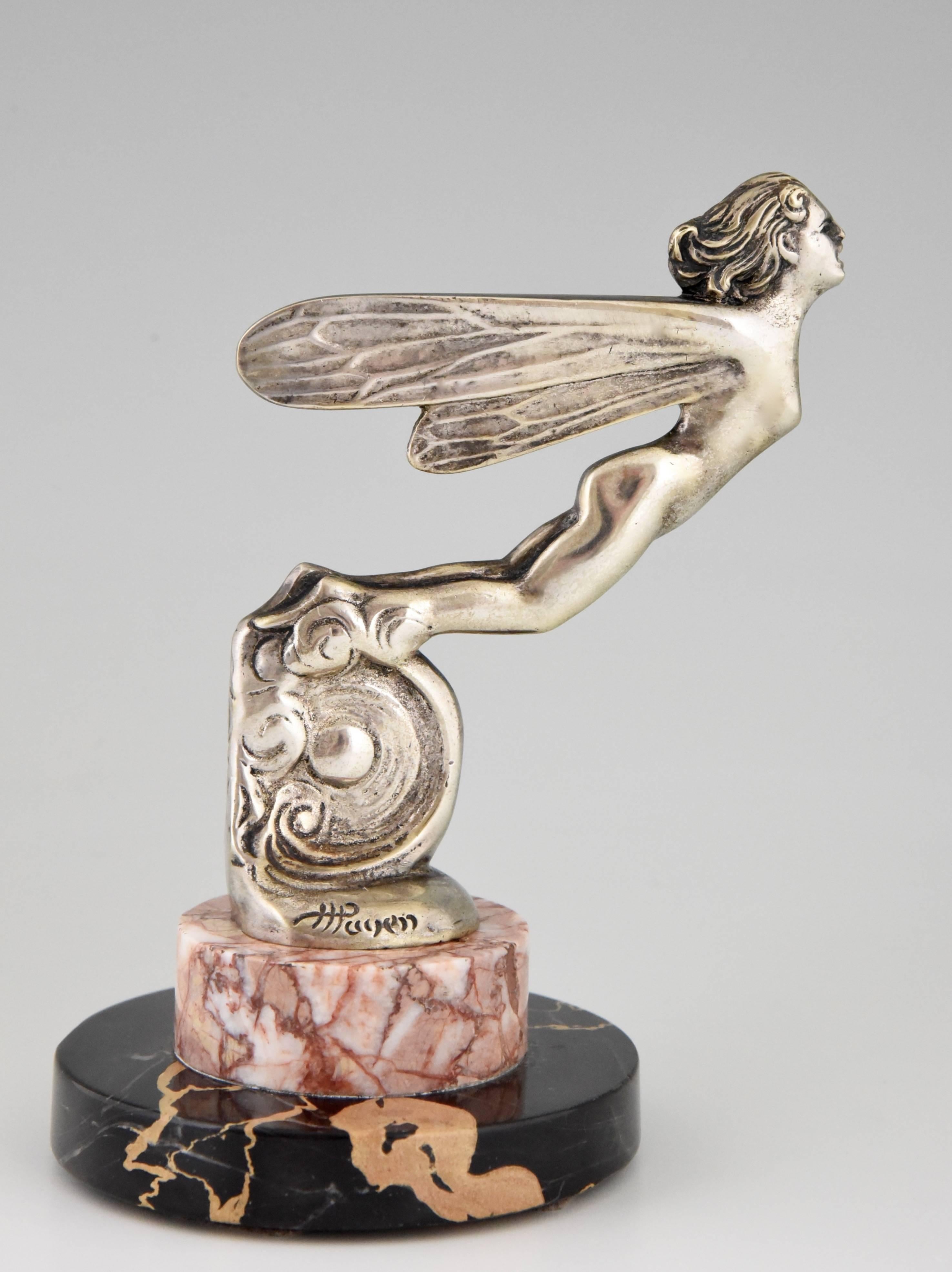 French Art Deco Car Mascot Silvered Bronze Winged Nude by Payen, 1930 1