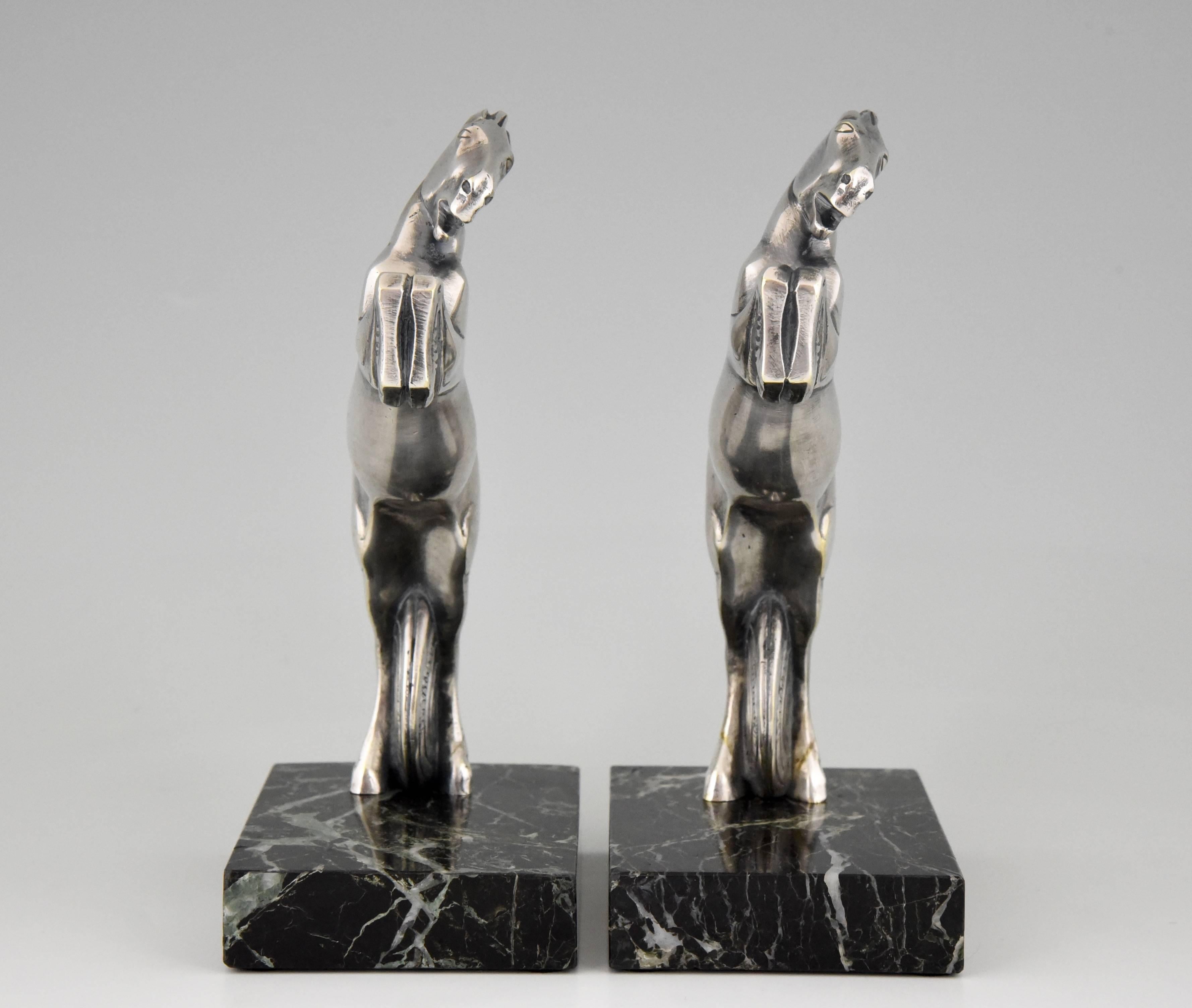 French Art Deco Silvered Bronze Horse Bookends by Becquerel, 1930 1