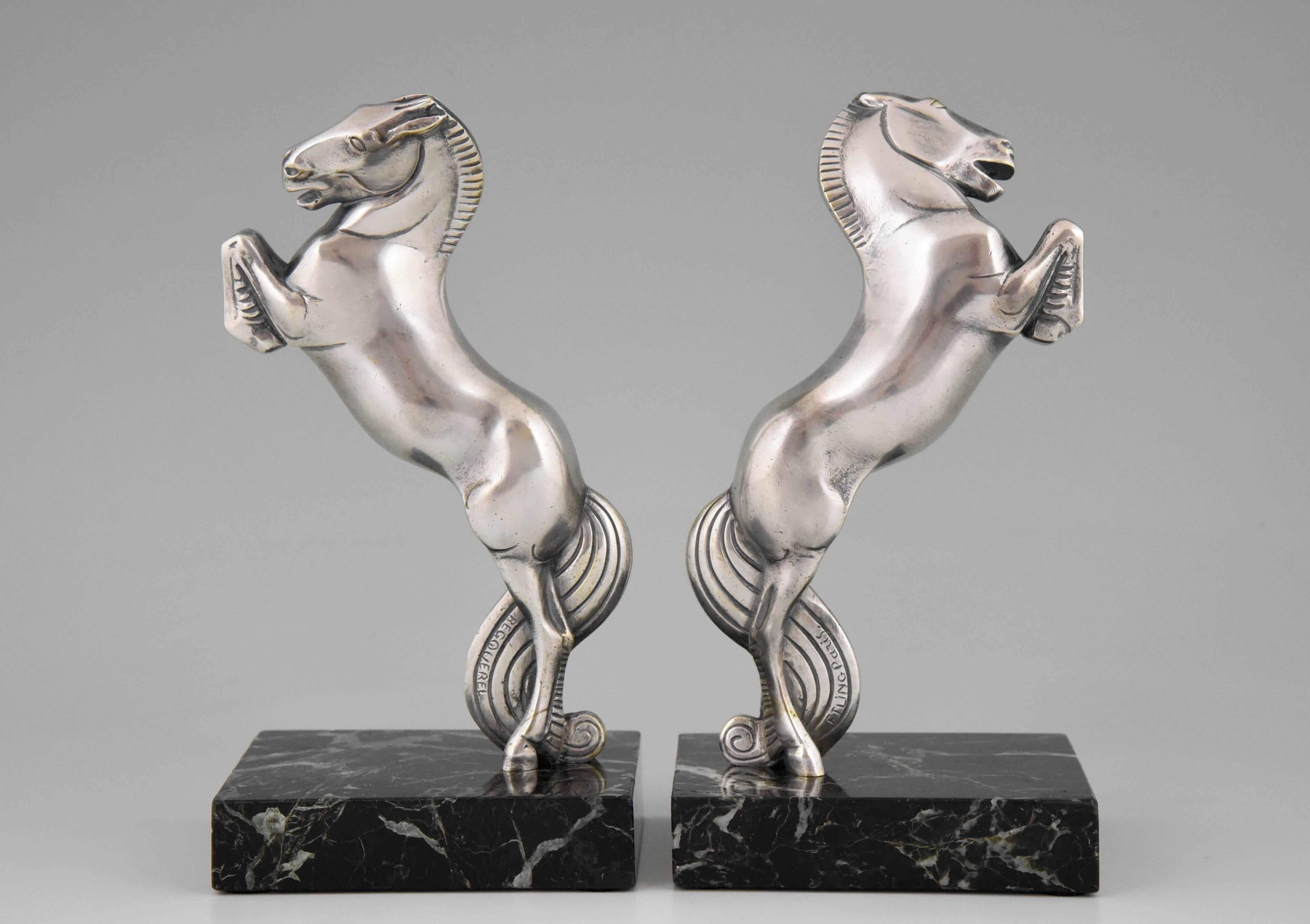 20th Century French Art Deco Silvered Bronze Horse Bookends by Becquerel, 1930