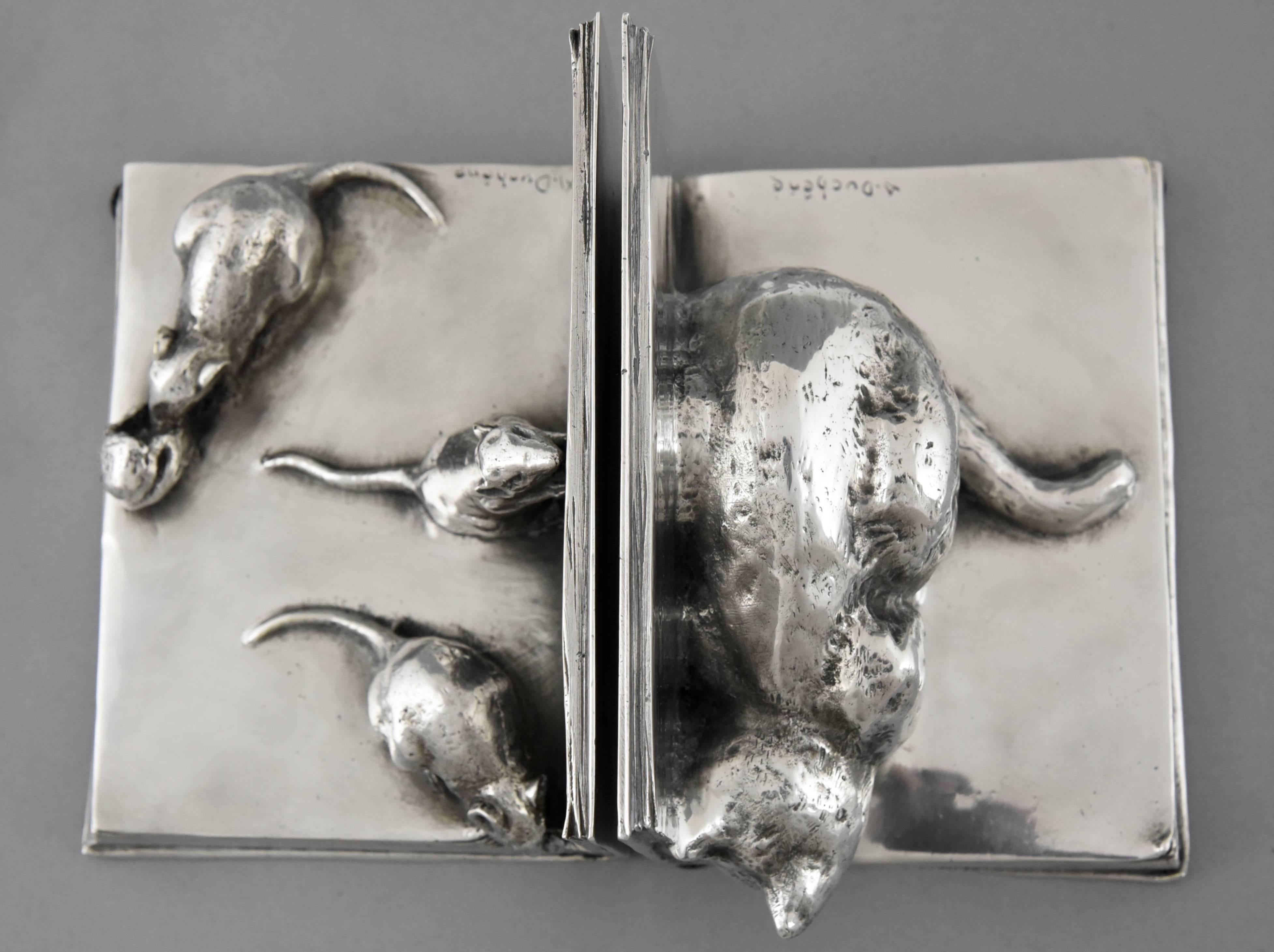 Art Deco Silvered Bronze Cat and Mouse Bookends by A. Duchene, 1920 3