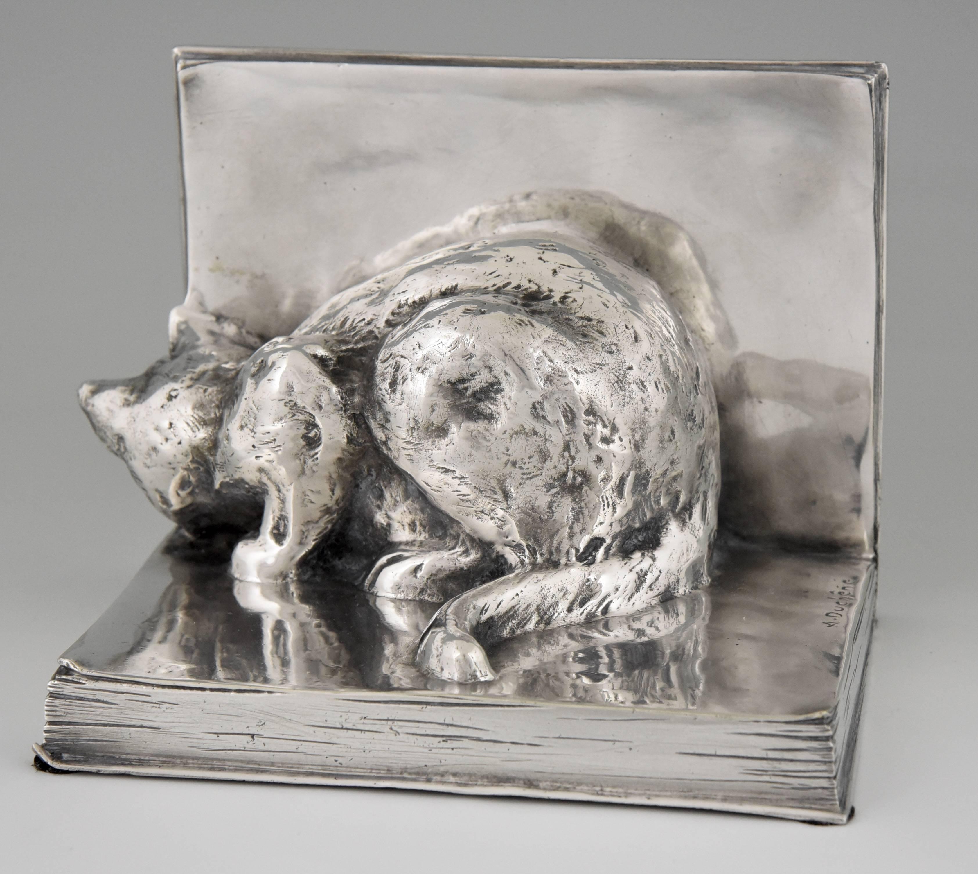 Art Deco Silvered Bronze Cat and Mouse Bookends by A. Duchene, 1920 1