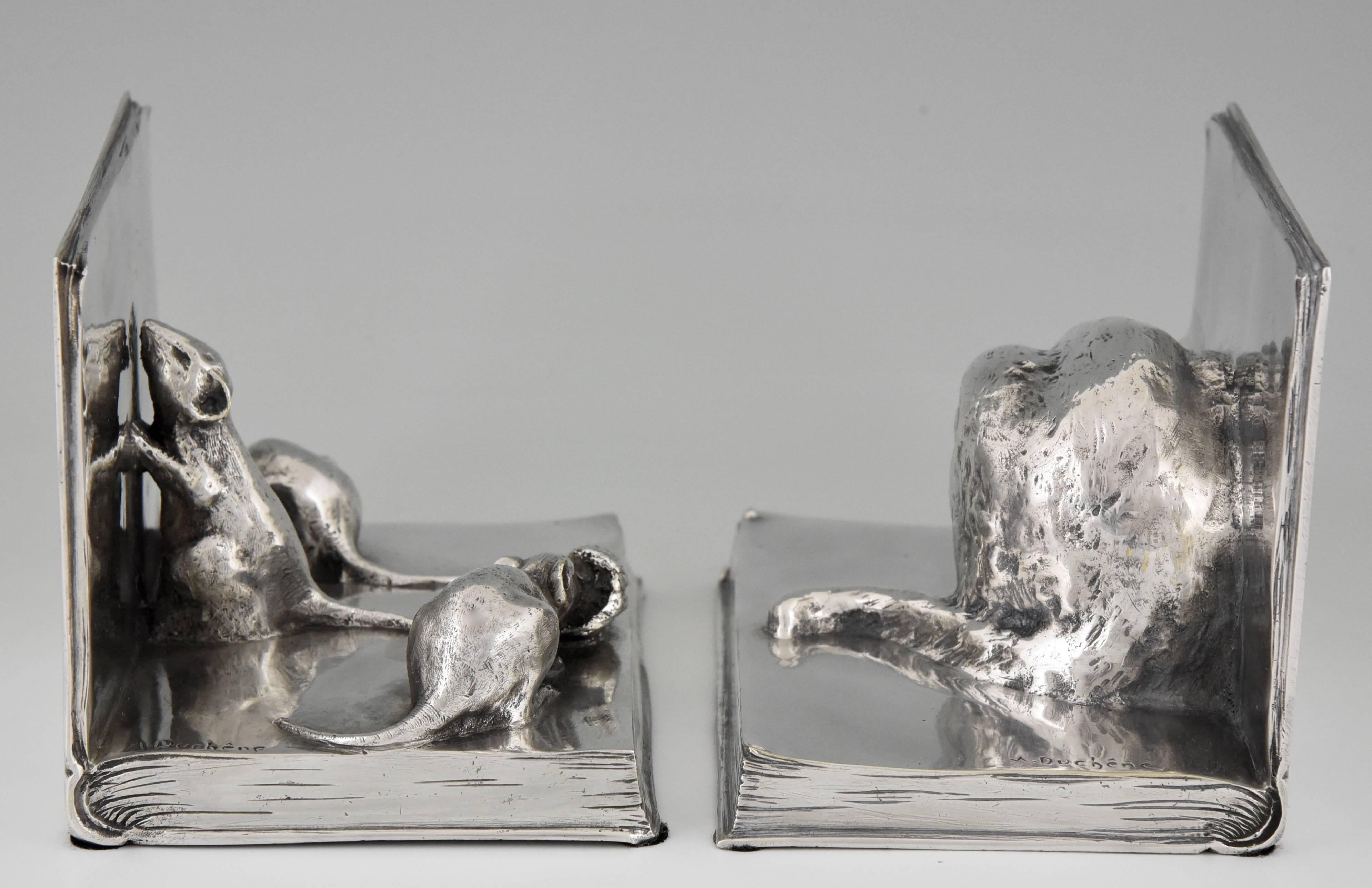 French Art Deco Silvered Bronze Cat and Mouse Bookends by A. Duchene, 1920
