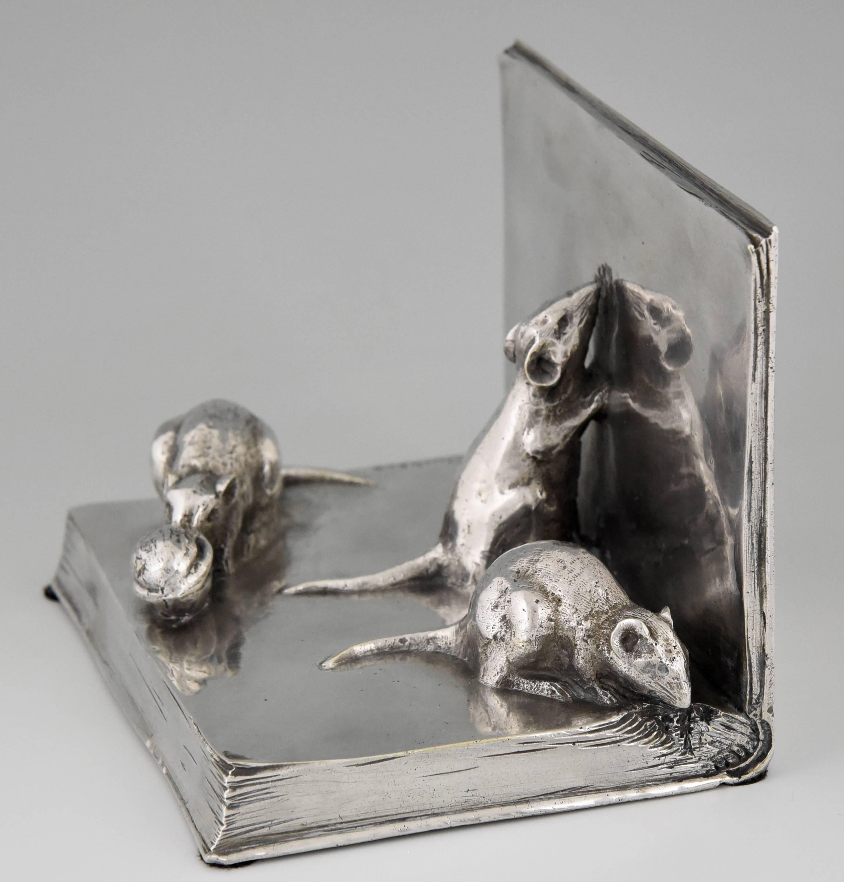 20th Century Art Deco Silvered Bronze Cat and Mouse Bookends by A. Duchene, 1920