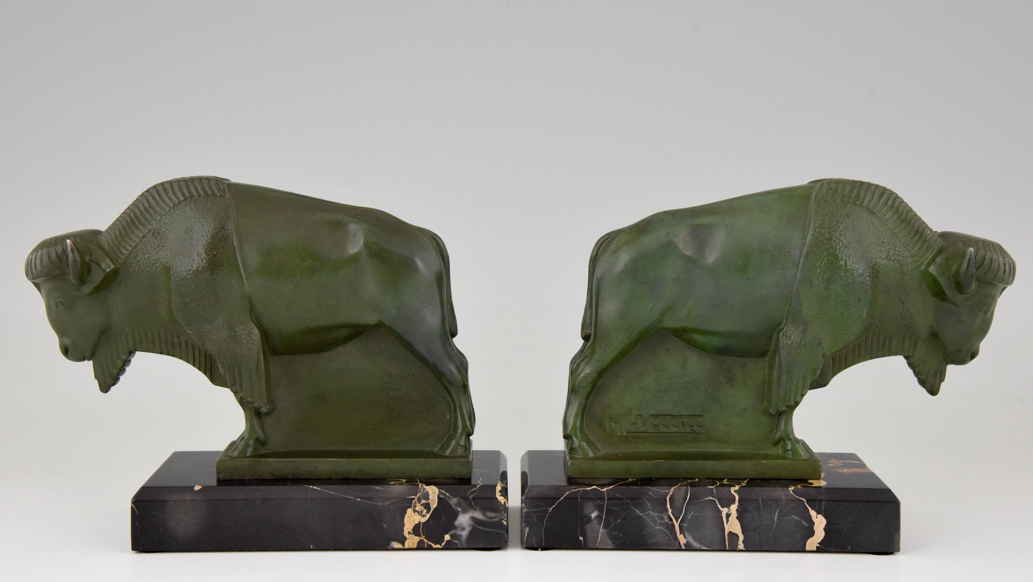 Patinated French Art Deco Bison Bookends by Max Le Verrier, 1930