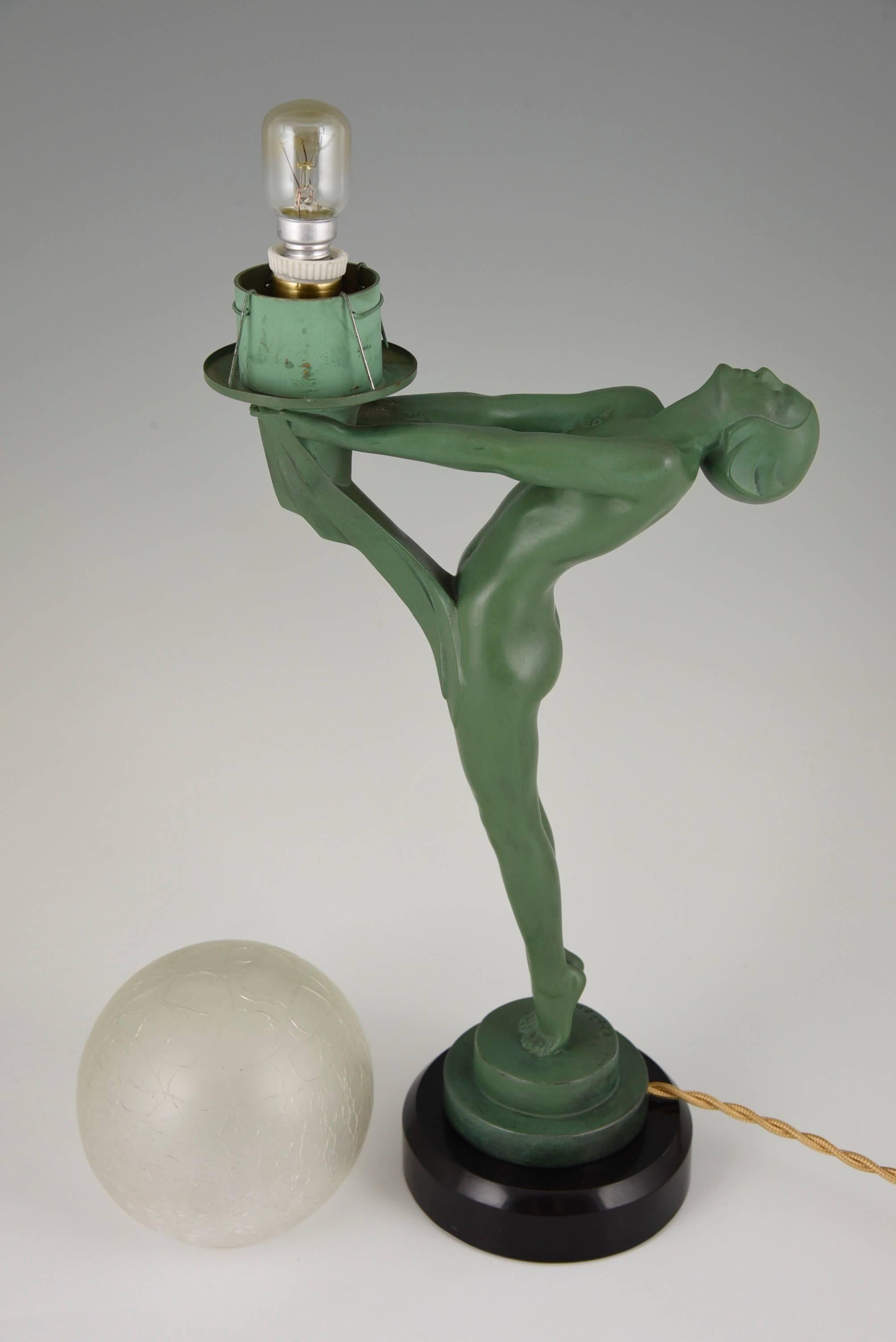 20th Century French Art Deco Lamp Nude Holding a Globe by Max Le Verrier, 1930