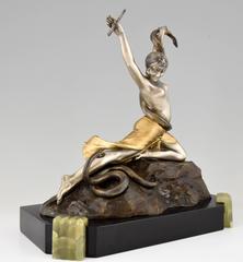 Art Deco Bronze Female Snake Charmer Nude Dancer by Th. Somme, 1930