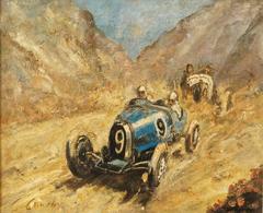 Vintage Racing Cars Bugatti Painting Signed C. Rosby