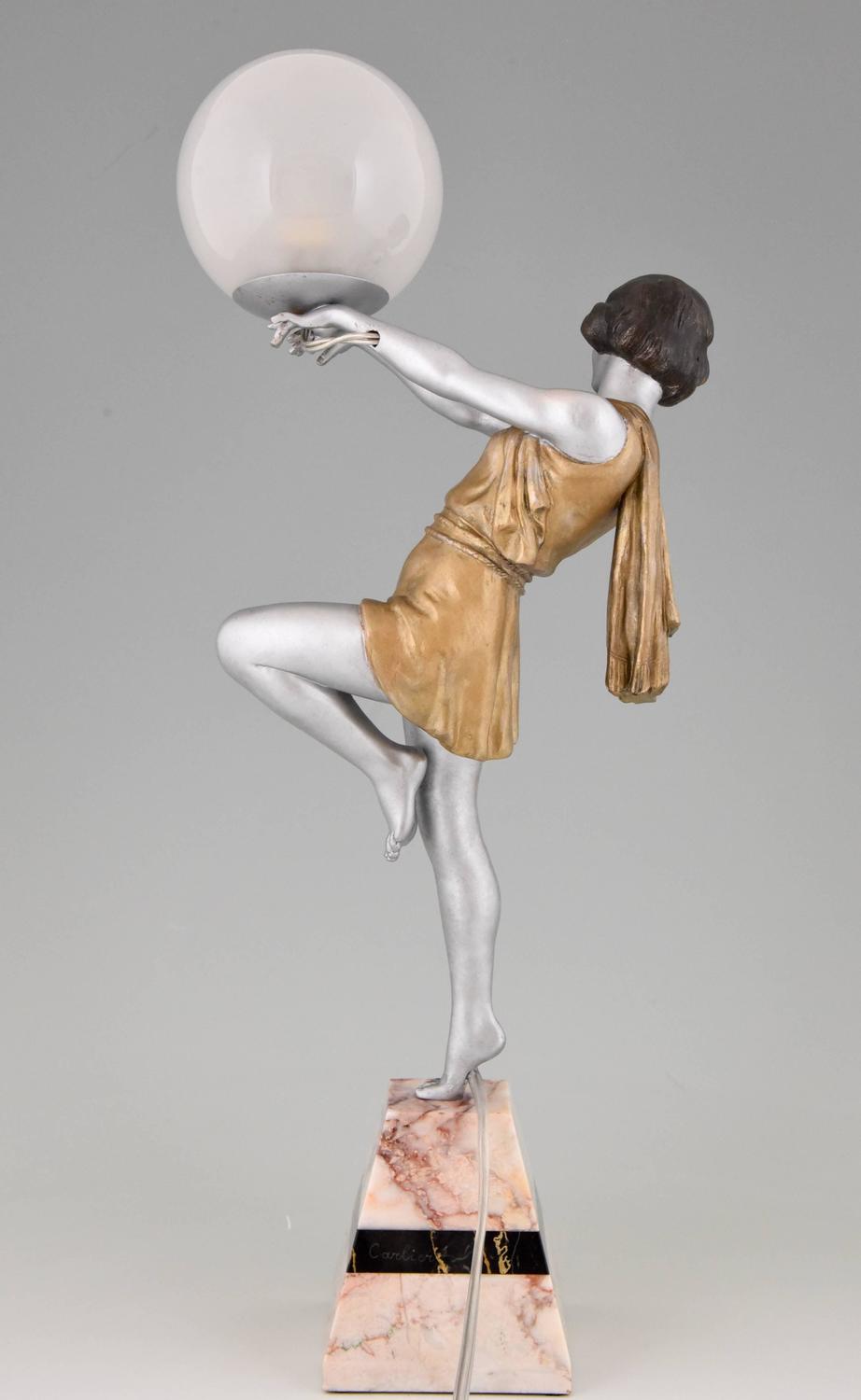 French Art Deco Lamp Lady Holding a Globe by Carlier, 1930 at 1stdibs