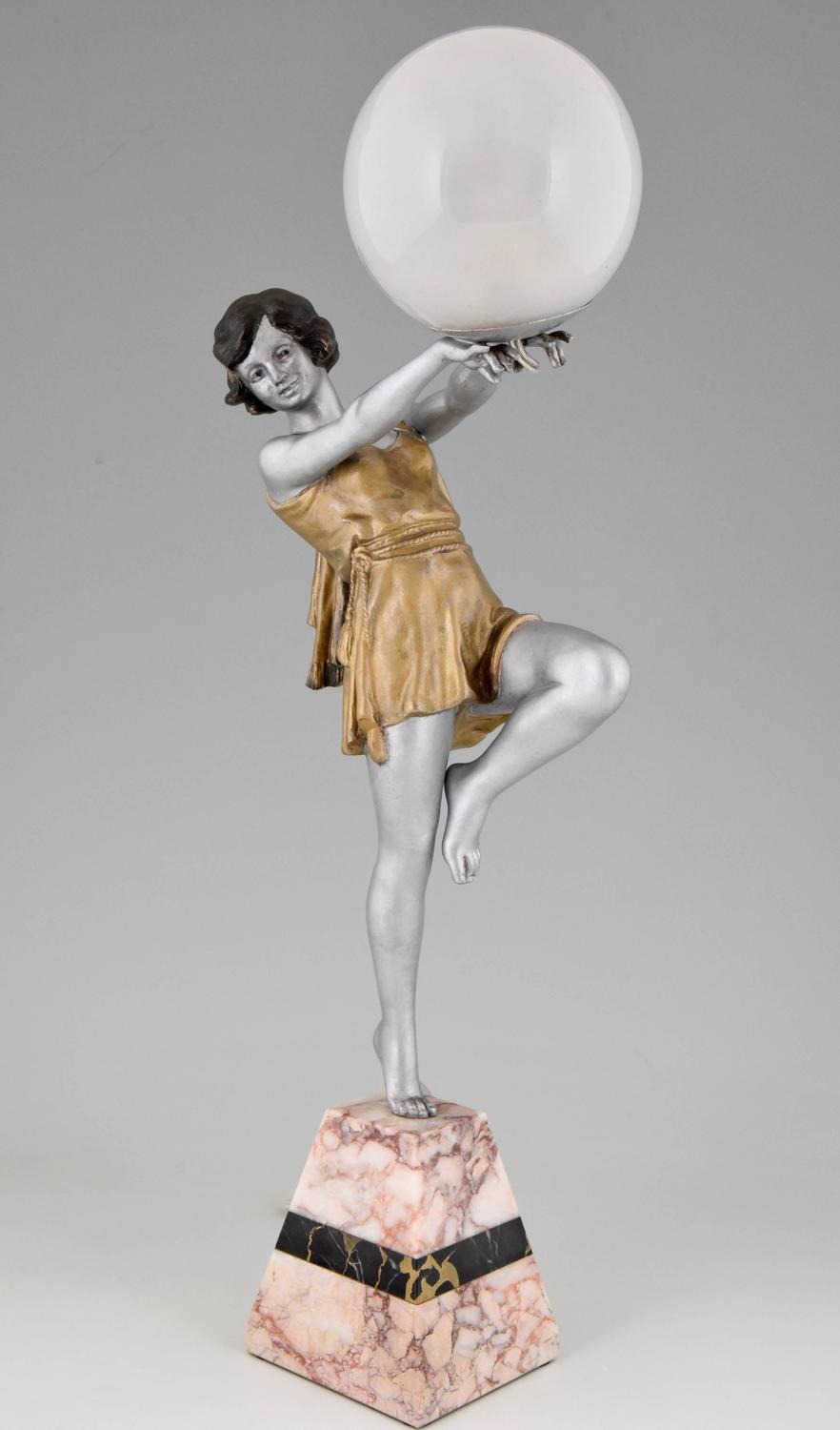 French Art Deco Lamp Lady Holding a Globe by Carlier, 1930 at 1stdibs