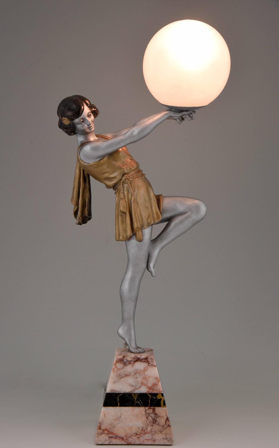 French Art Deco Lamp Lady Holding a Globe by Carlier, 1930 at 1stdibs