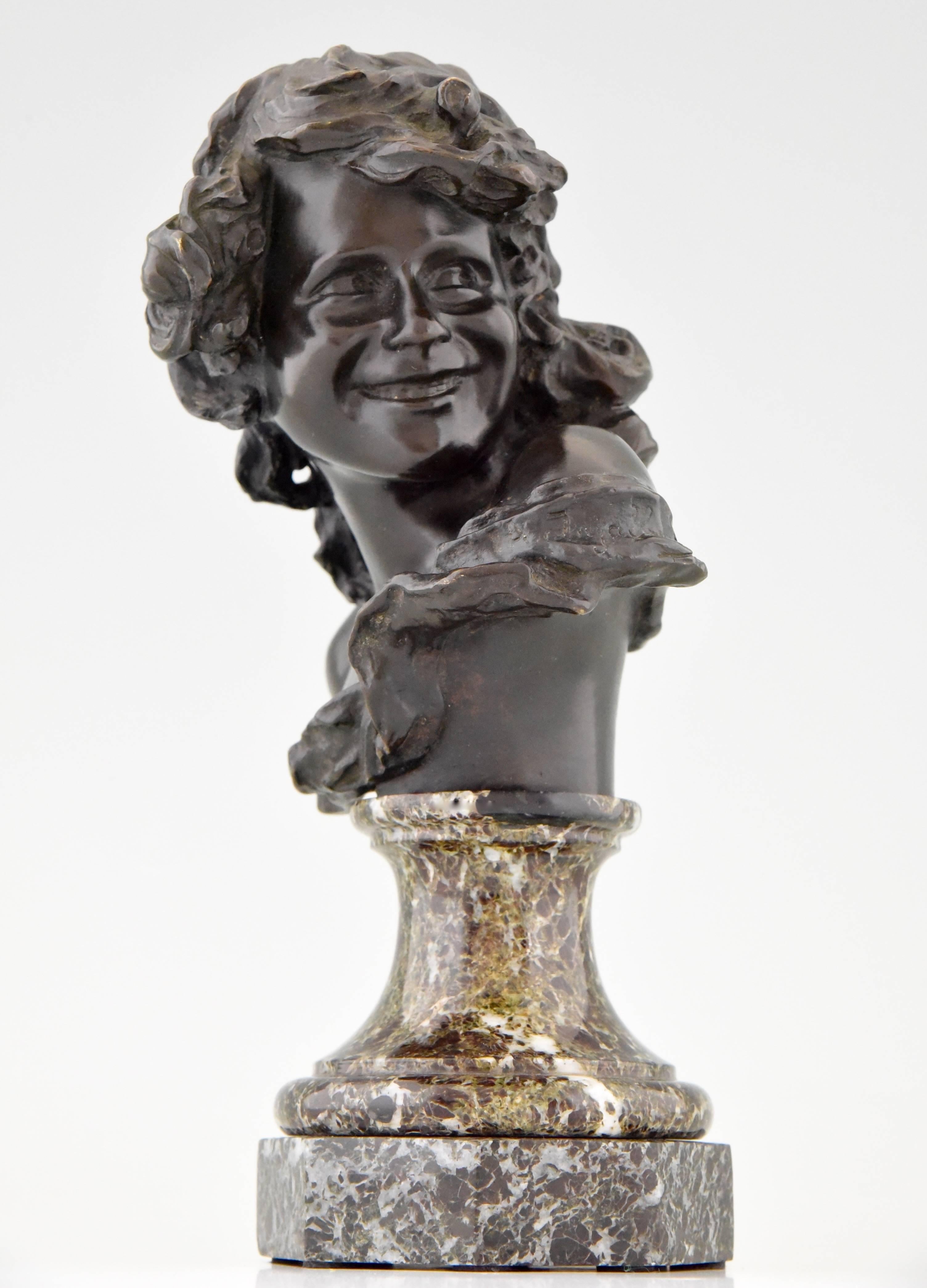 Art Nouveau French Antique Bronze Bust of a Smiling Child by Injalbert, 1900