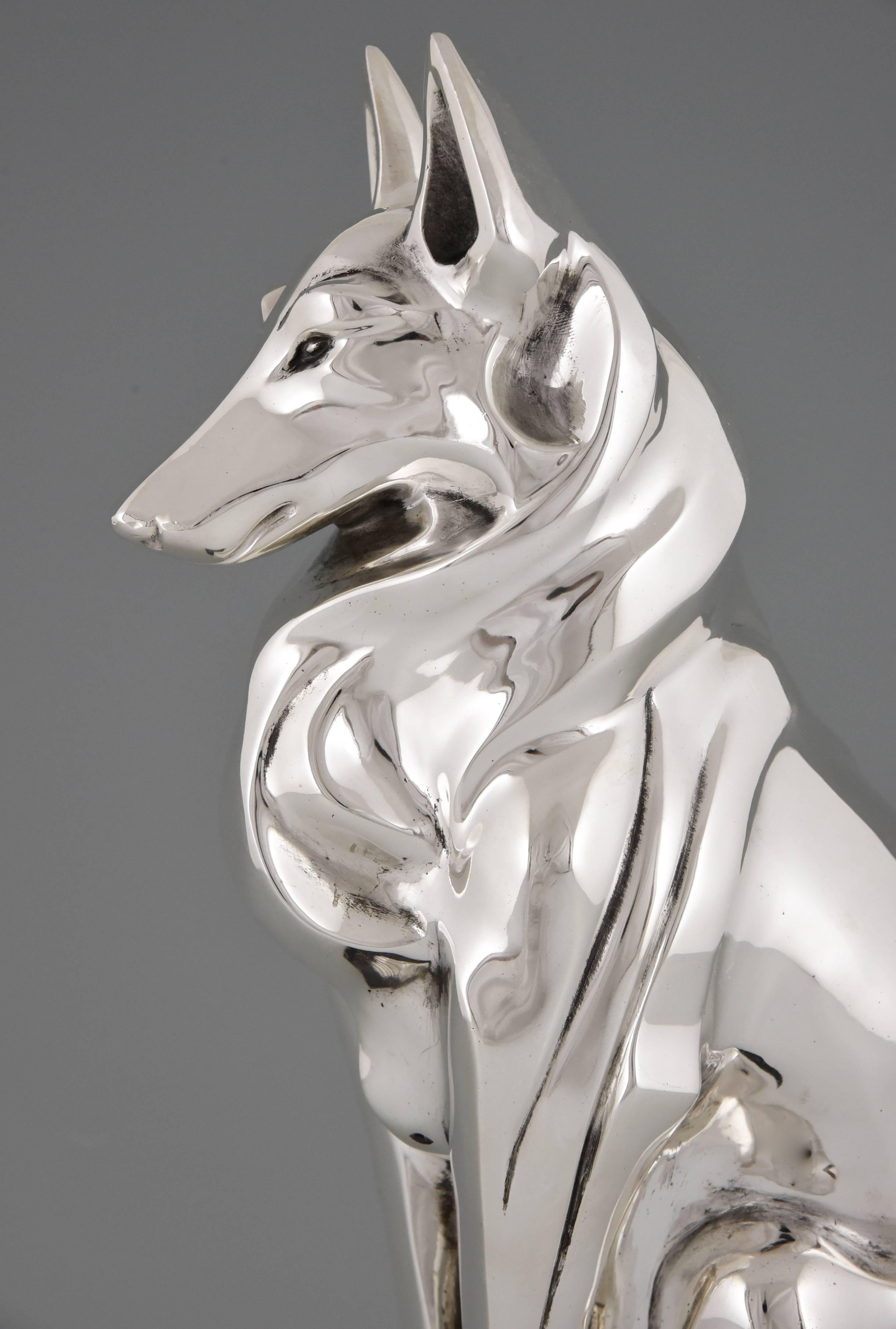 Mid-20th Century French Art Deco Silvered Bronze Dog Sculpture by H. Petrilly, 1930