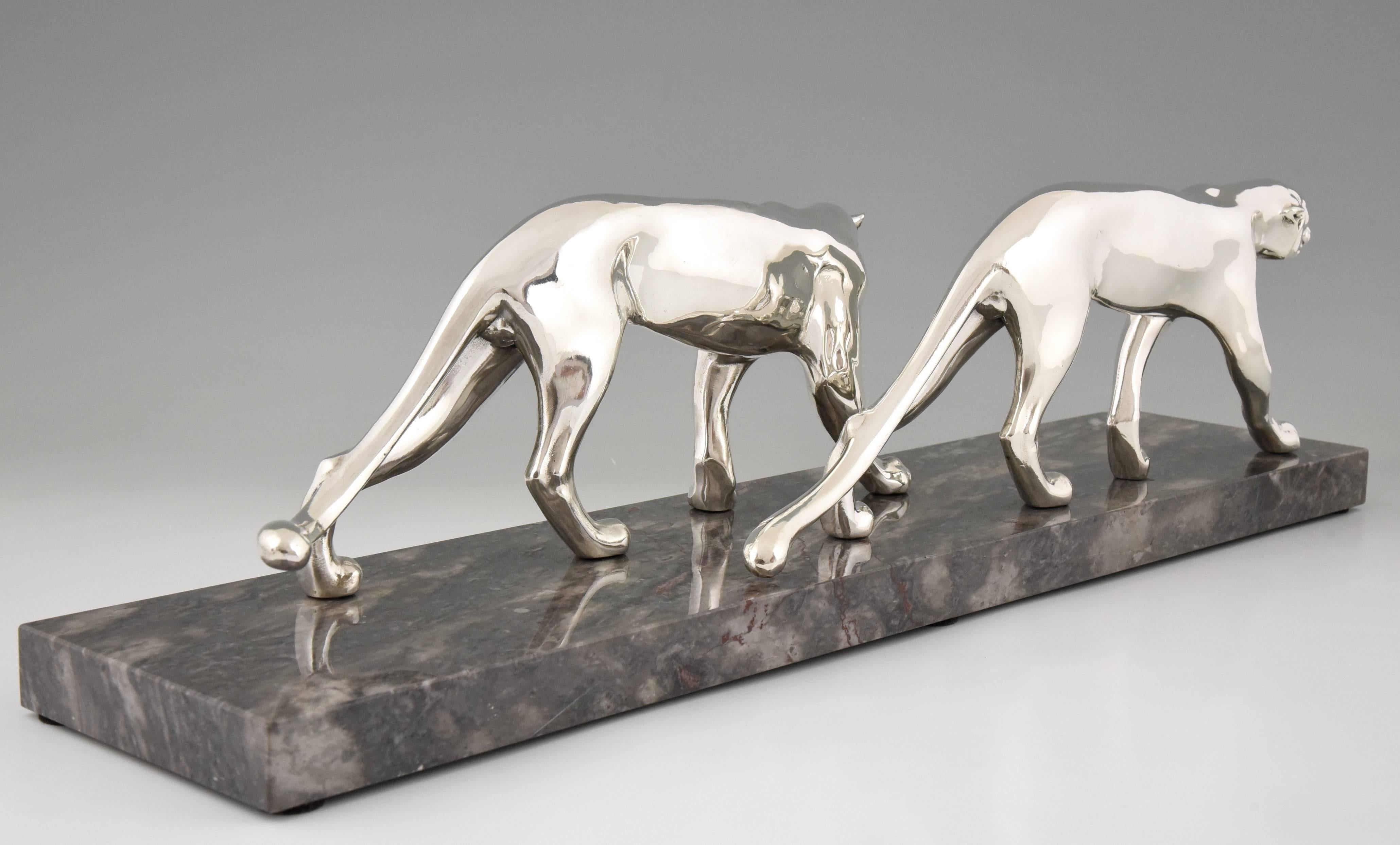 French Art Deco Silvered Panther Group by M. Font, 1930 1