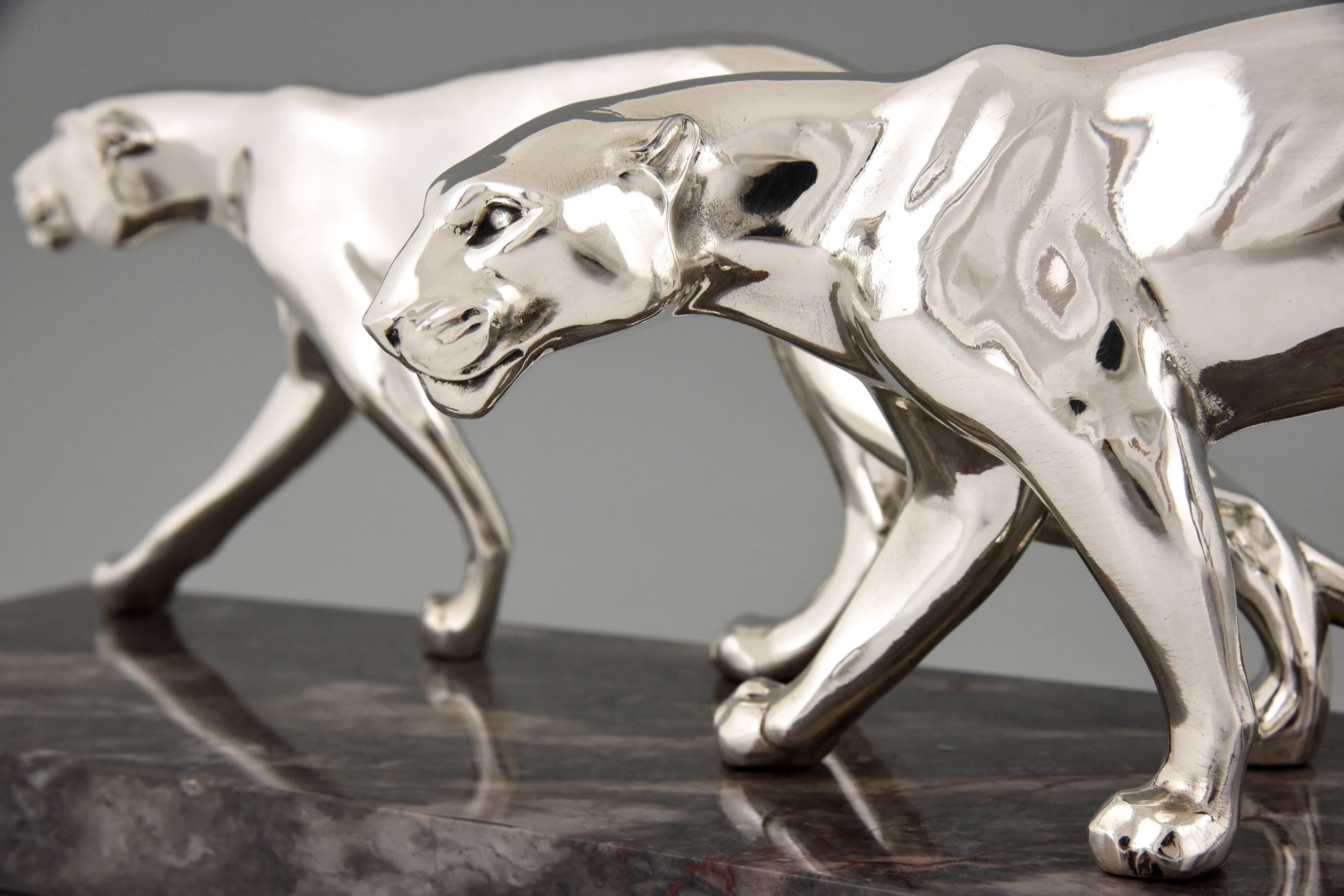 French Art Deco Silvered Panther Group by M. Font, 1930 2