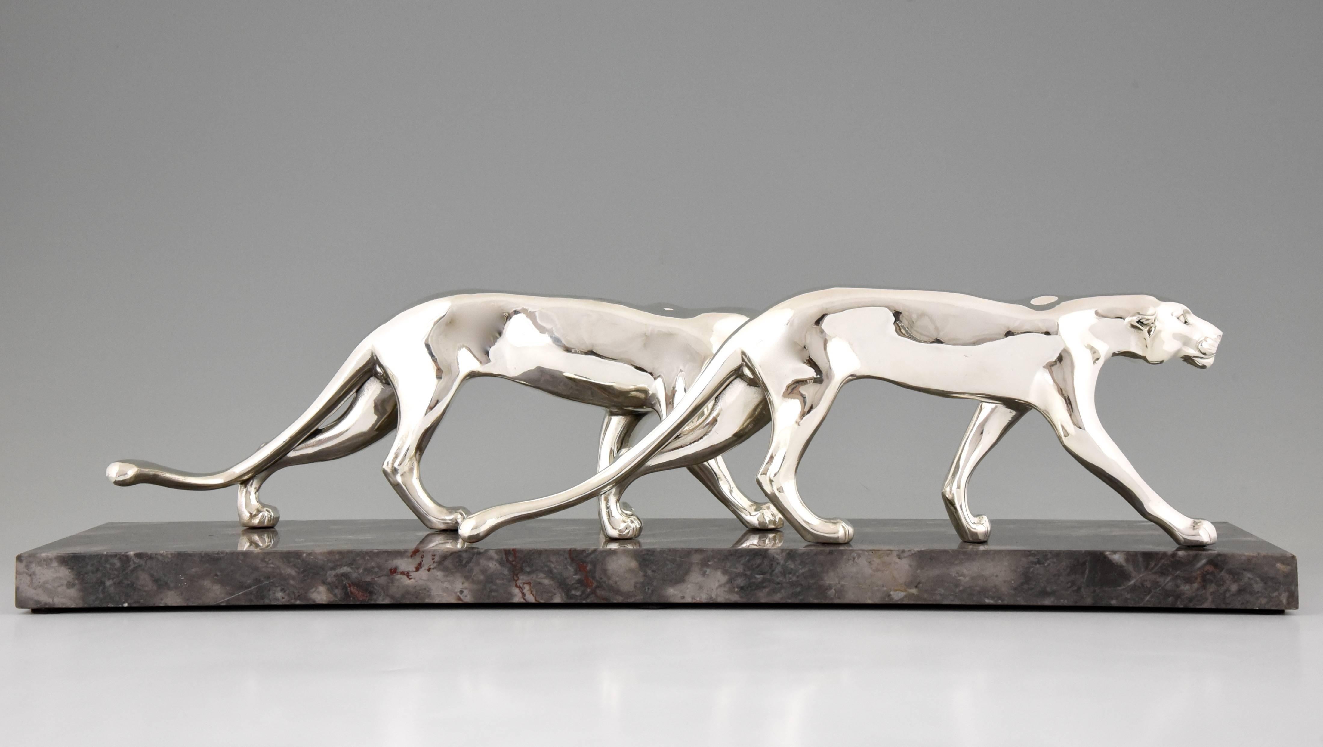 Marble French Art Deco Silvered Panther Group by M. Font, 1930