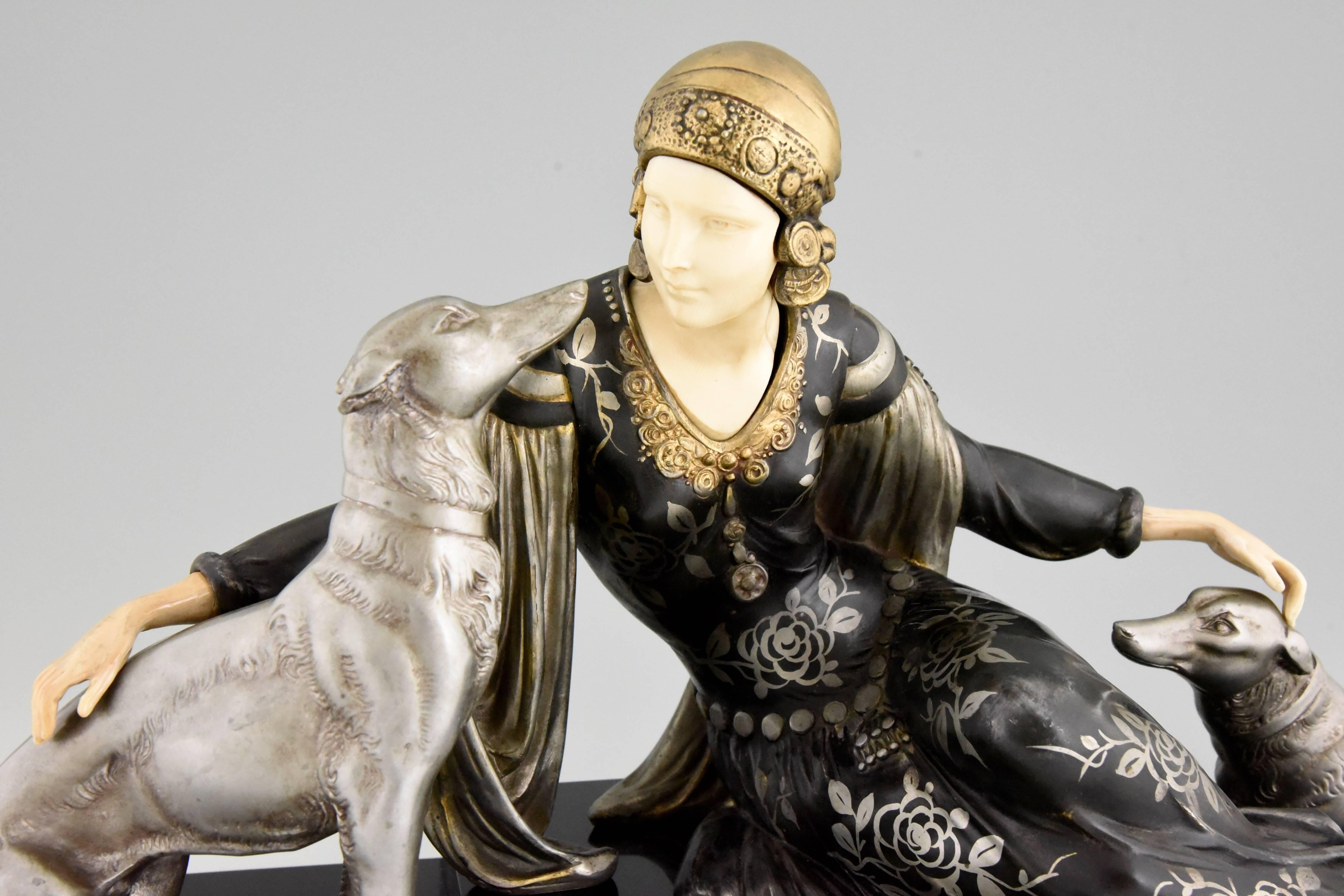 French Art Deco Sculpture of Lady with Dogs by Menneville, 1930 1