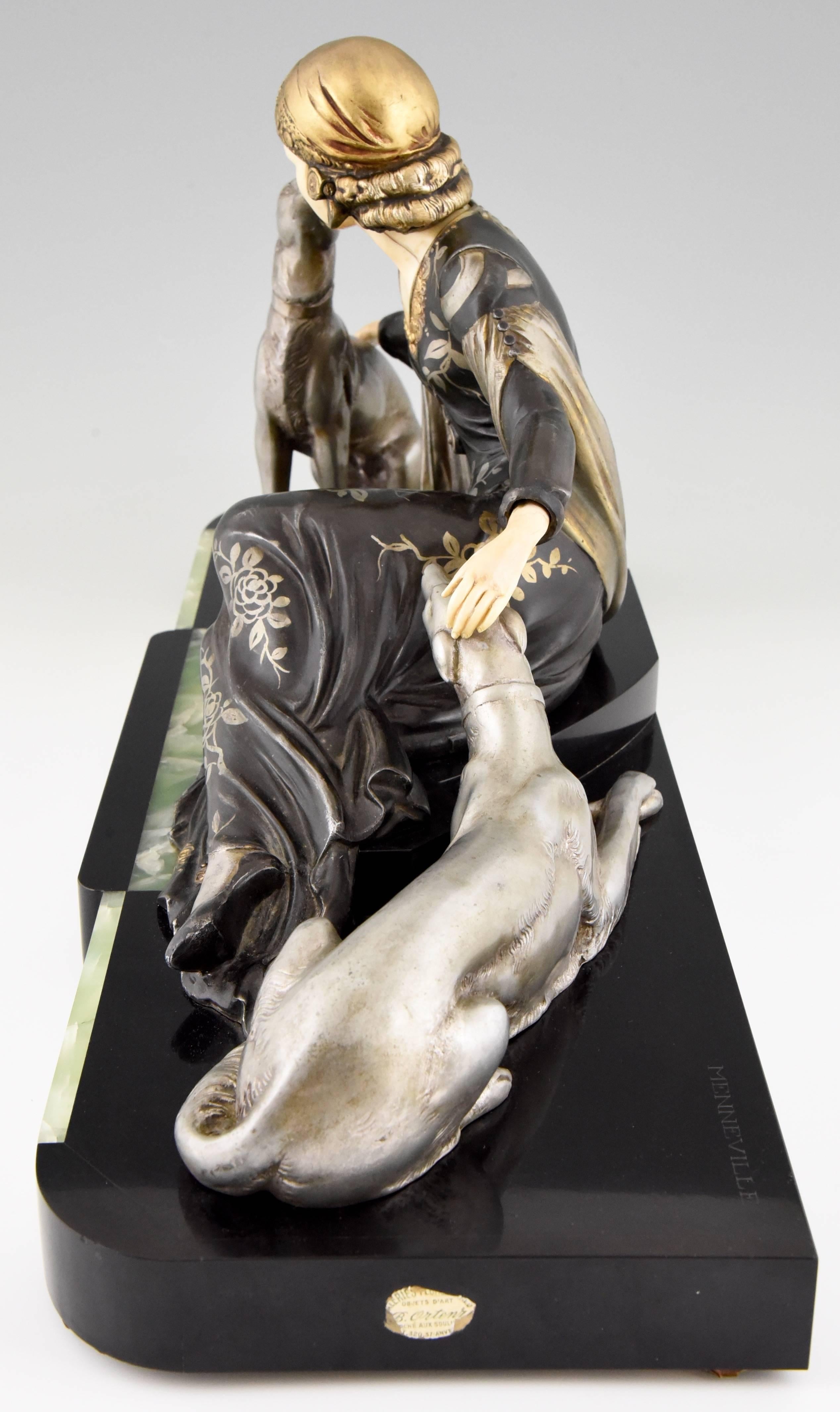20th Century French Art Deco Sculpture of Lady with Dogs by Menneville, 1930