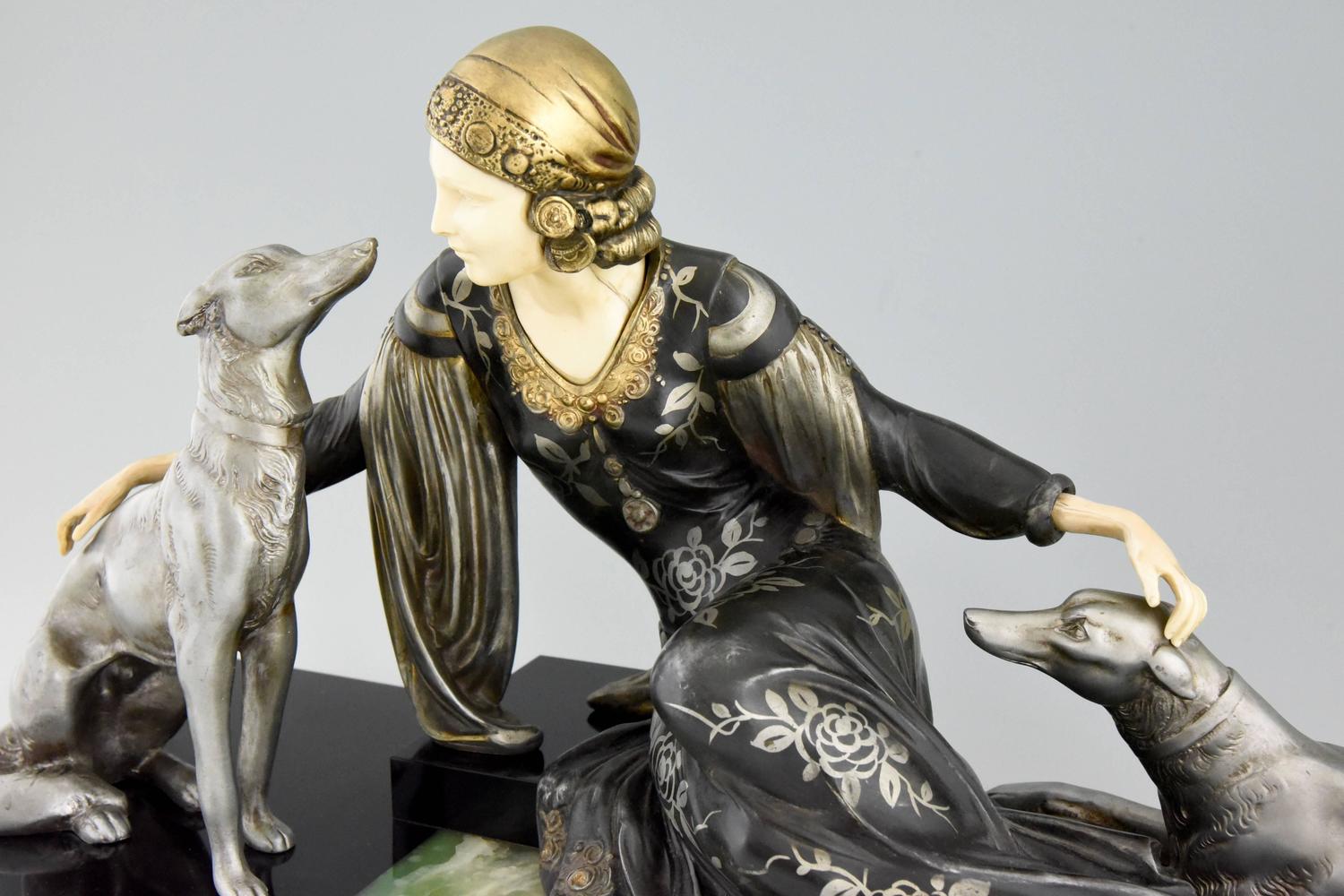 French Art Deco Sculpture of Lady with Dogs by Menneville, 1930 at 1stdibs