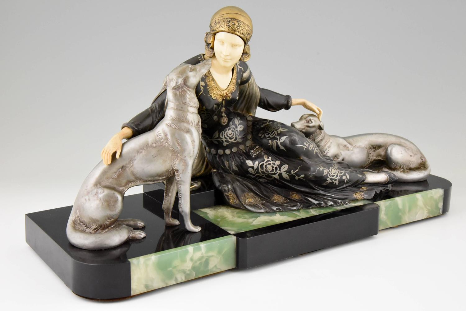 French Art Deco Sculpture of Lady with Dogs by Menneville, 1930 at 1stdibs