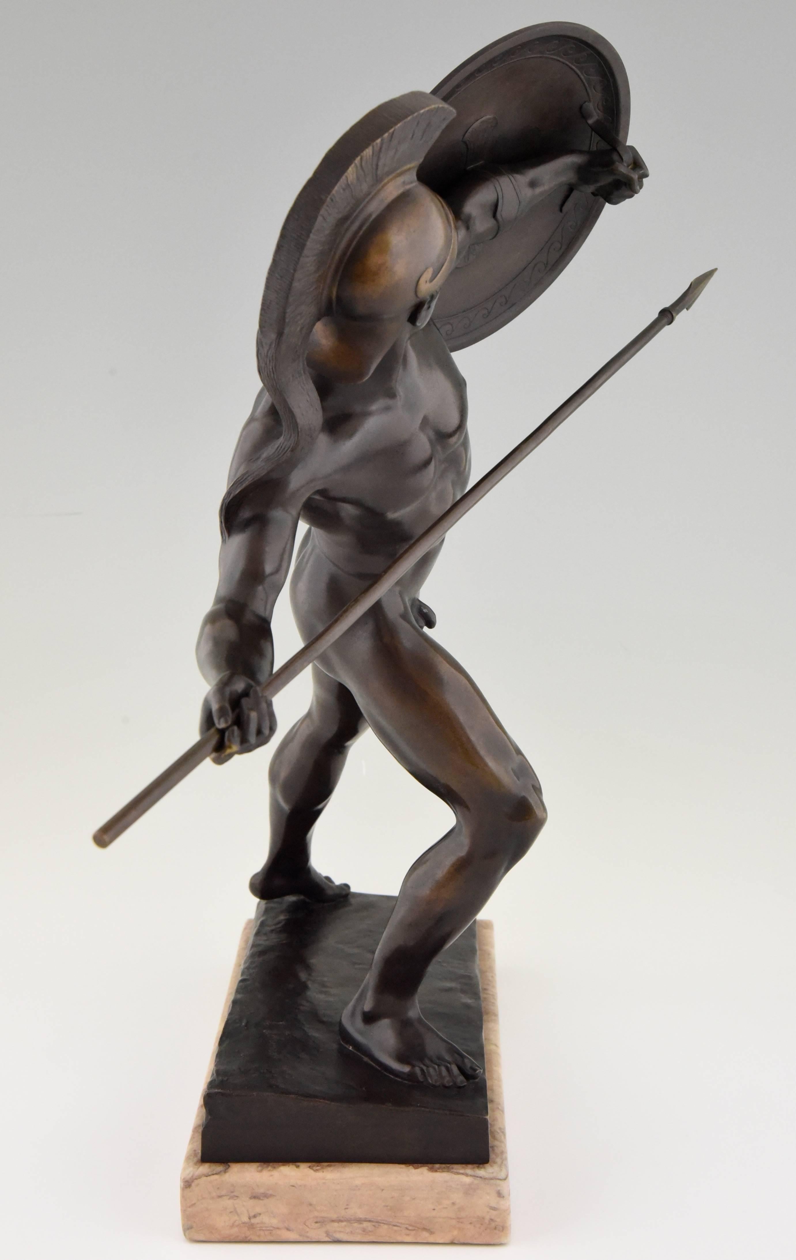 Patinated Antique Male Nude Warrior with Spear by Schmidt Kestner H 23 inch, Ca. 1900