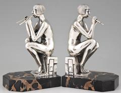 Art Deco Silvered Bronze Nude Bookends by Scribe, 1930 France
