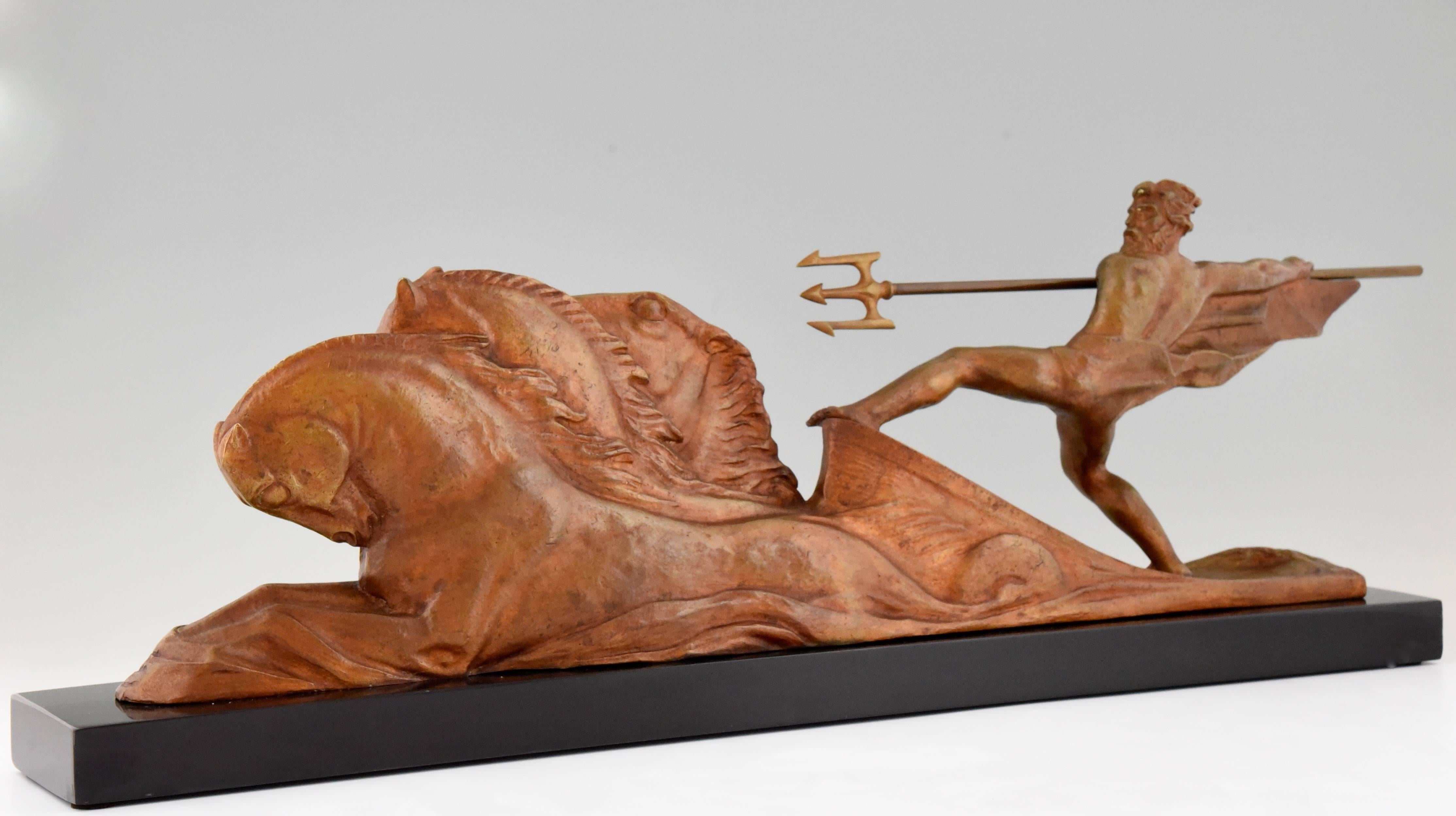 Belgian Black Marble French Art Deco Bronze Sculpture Neptune with Horses Bazzony, 1930