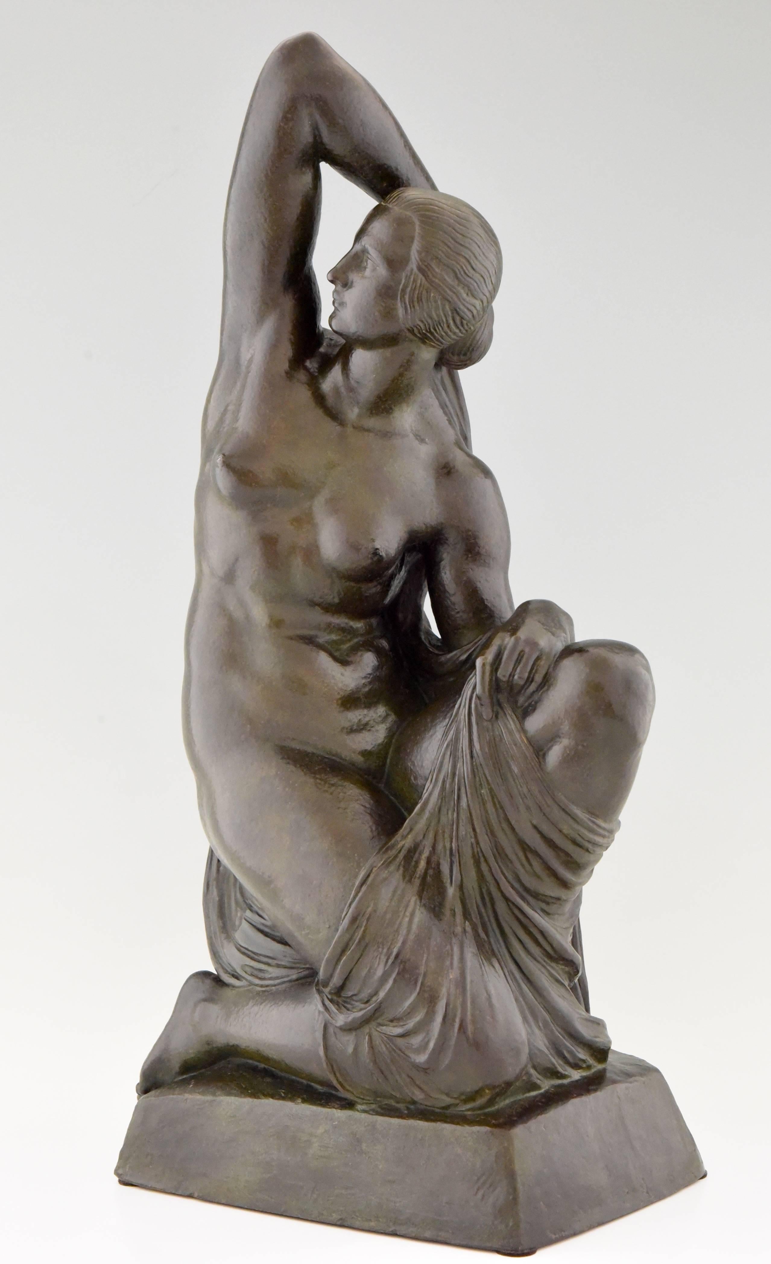 Description: Art Deco bronze sculpture of a nude.
Artist/ Maker: Joe Descomps Cormier (1869-1950).
Signature/ Marks:  J.D. Cormier,  Cire Perdue Le Blanc Barbedienne Editeur Paris Numbered 120.
Style: Art Deco.
Condition:  Good original