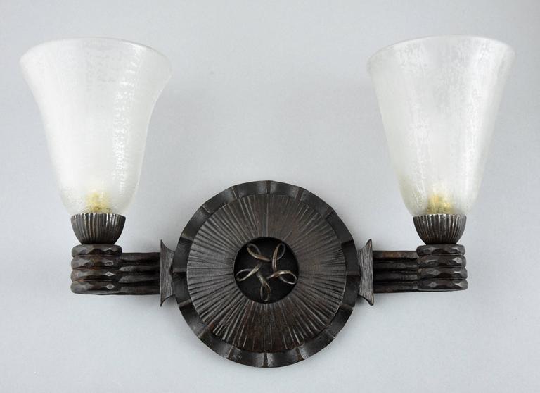Art Deco Wrought Iron and Glass Wall Lights by Nics Freres and Daum