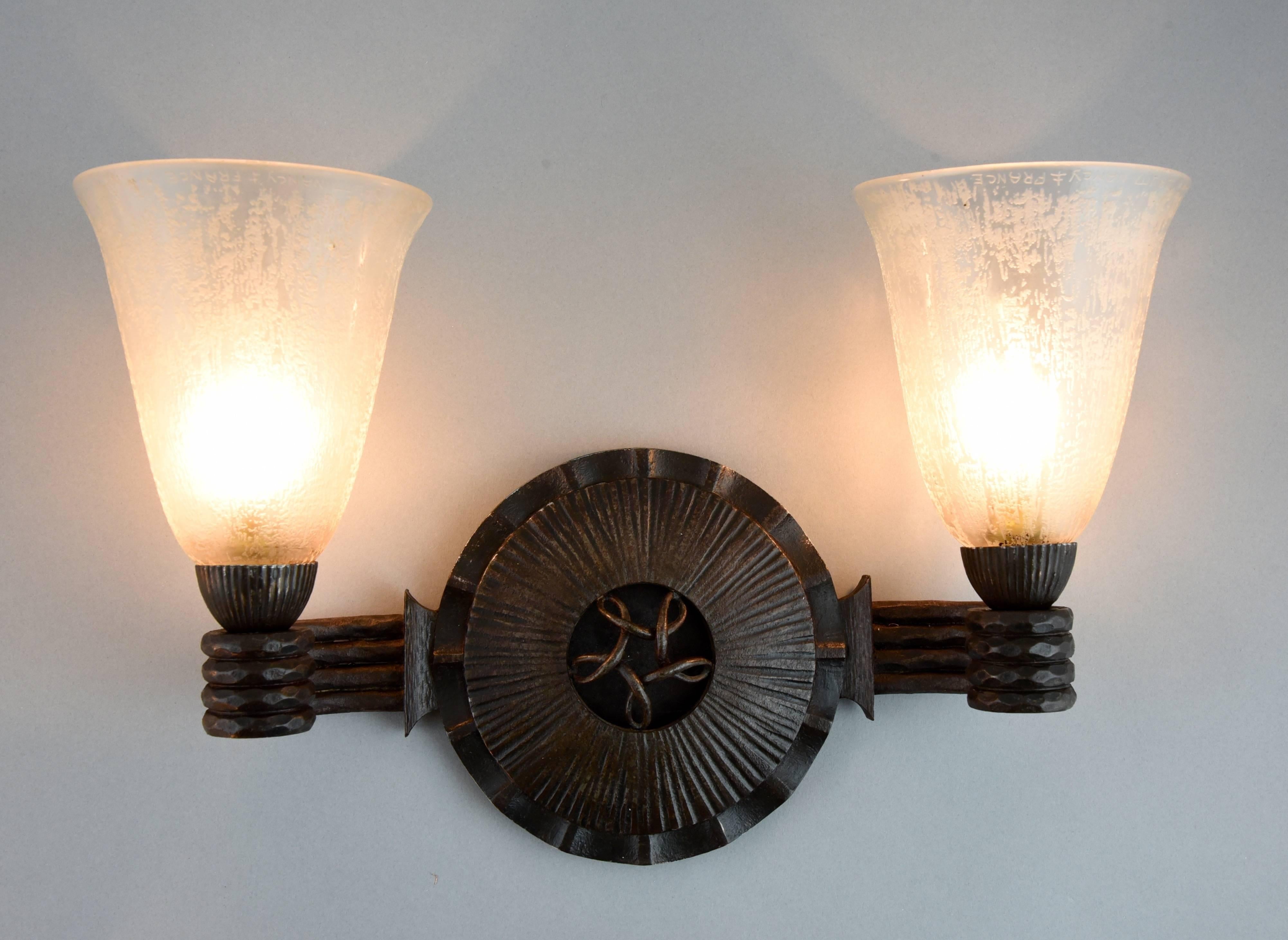 French Art Deco Wrought Iron Glass Wall Lights sconces  Nics Freres & Daum 1930 France