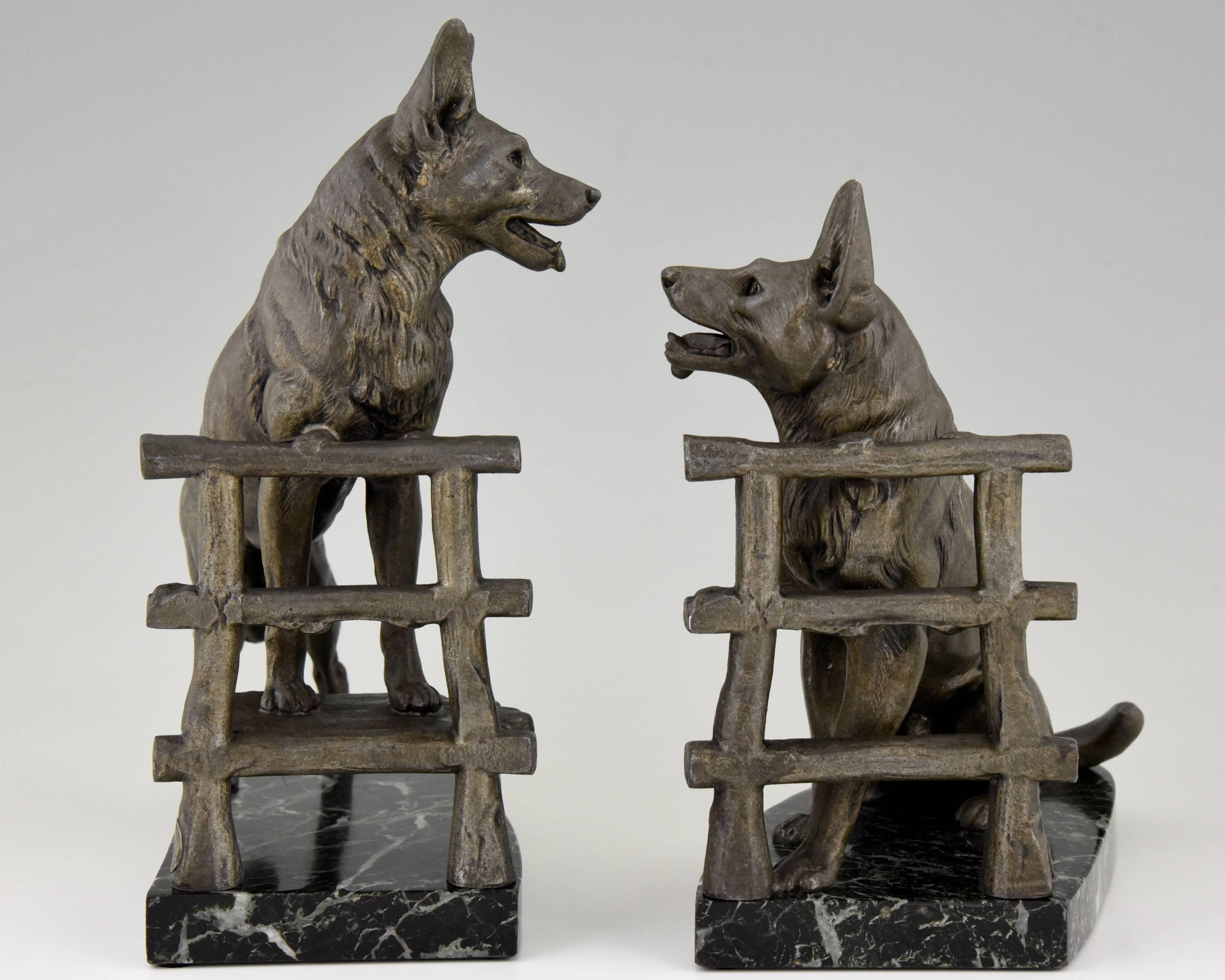 Patinated Art Deco German Shepherd Dog Bookends by Carvin, 1930 France