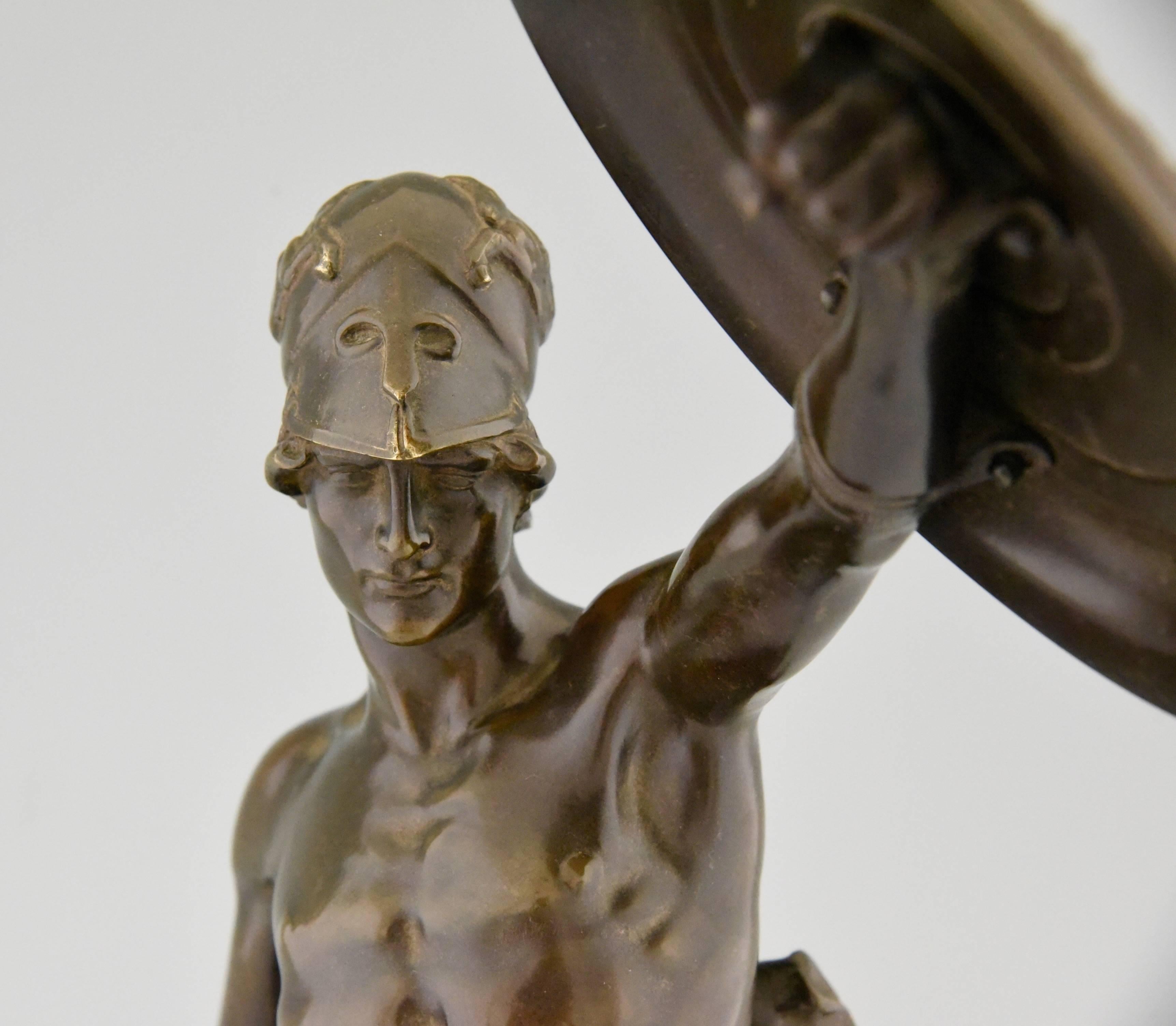 Patinated Gladiator, Bronze Sculpture Male Nude with Dagger and Shield by Paul Philippe