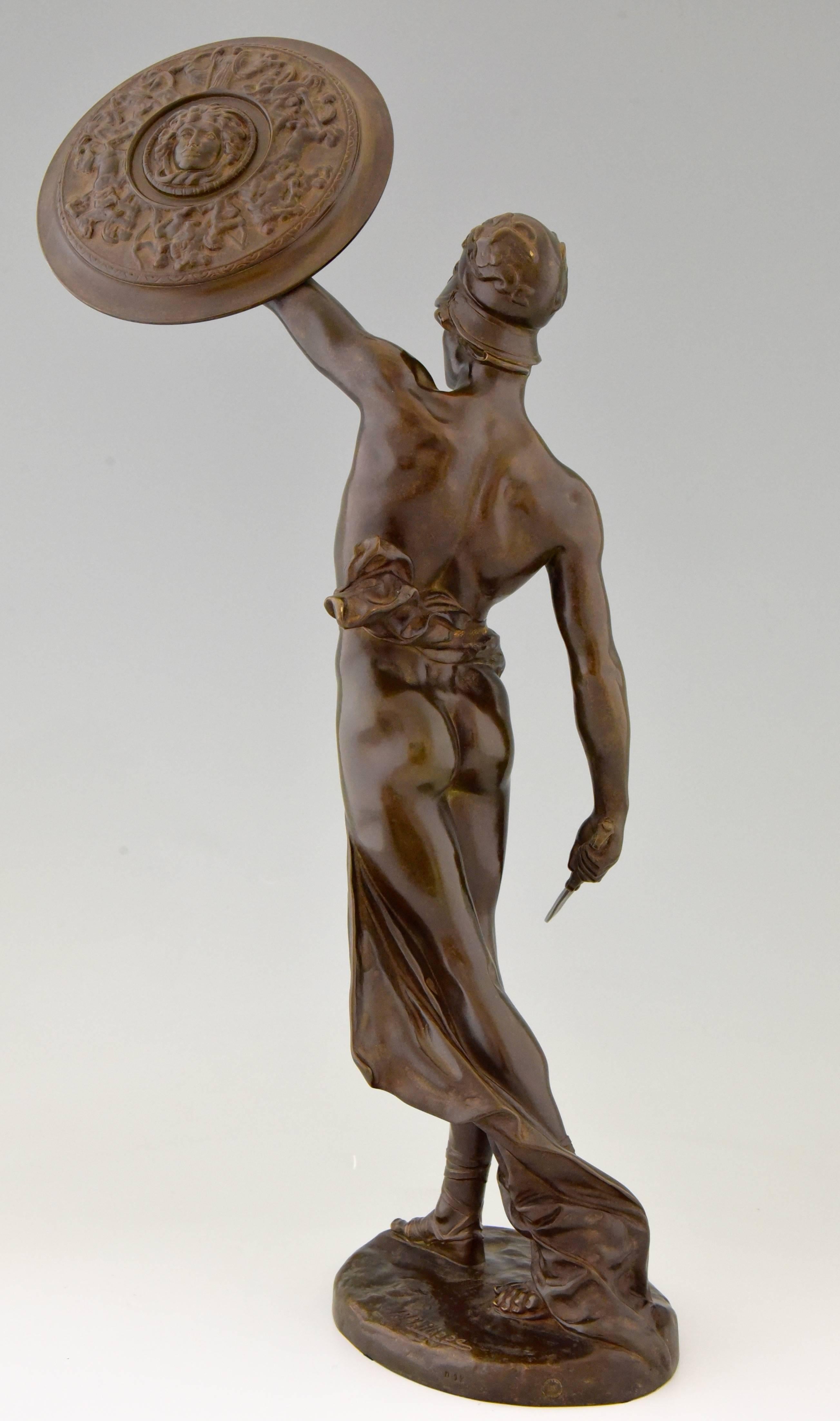 Romantic Gladiator, Bronze Sculpture Male Nude with Dagger and Shield by Paul Philippe