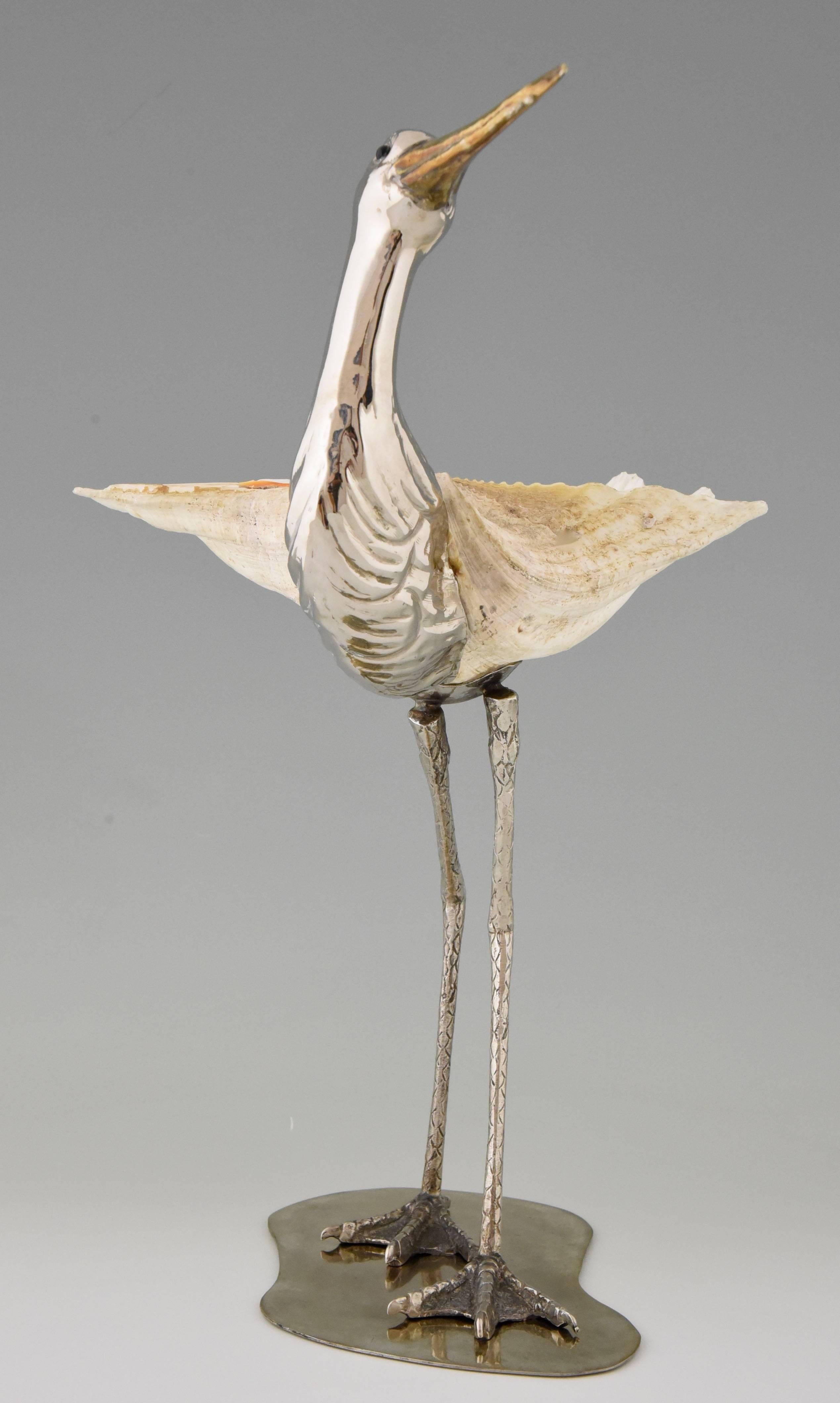 Modern Italian Bird Sculpture Silvered Metal and Seashell by Gabriella Binazzi 1