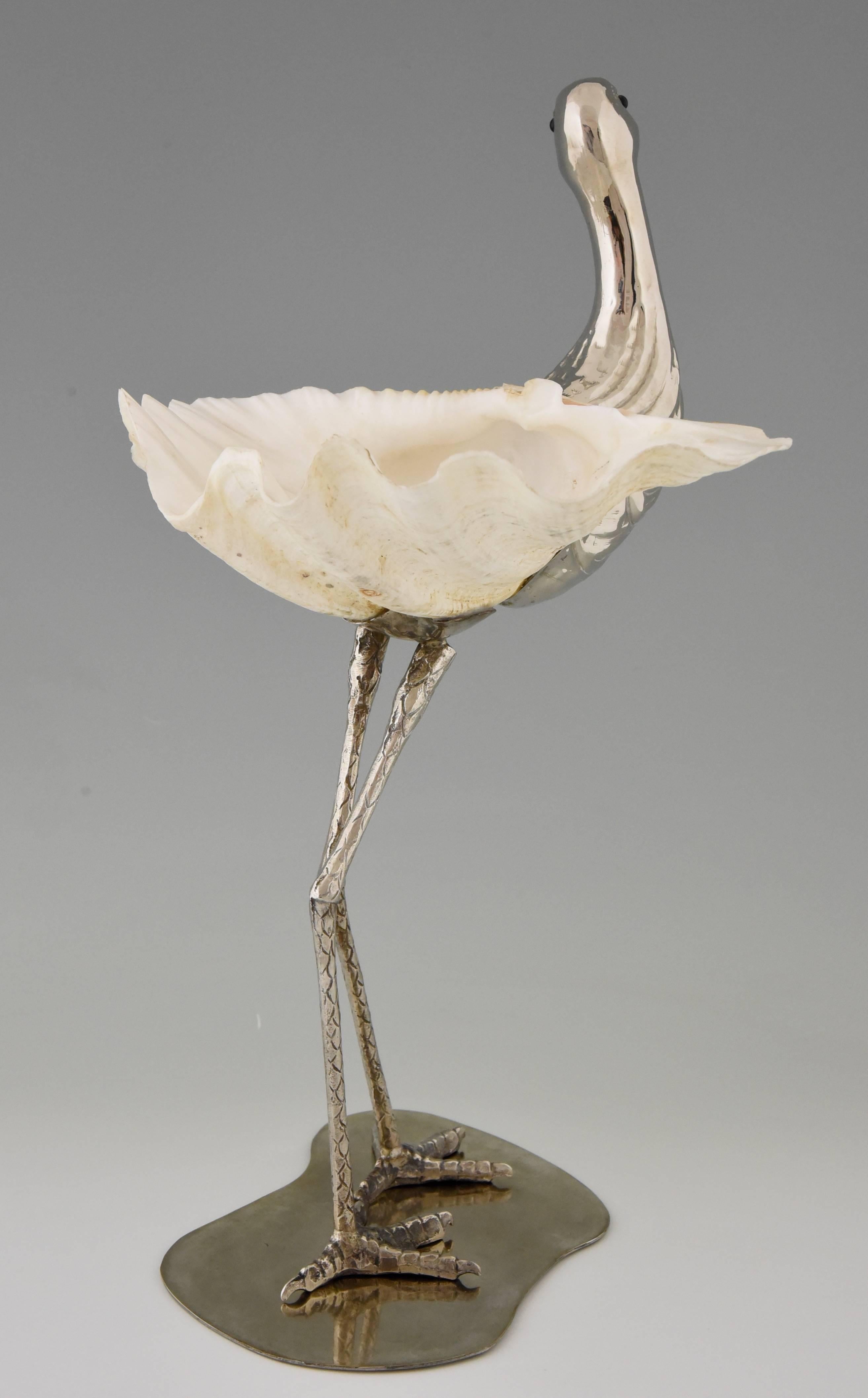 Modern Italian Bird Sculpture Silvered Metal and Seashell by Gabriella Binazzi 2