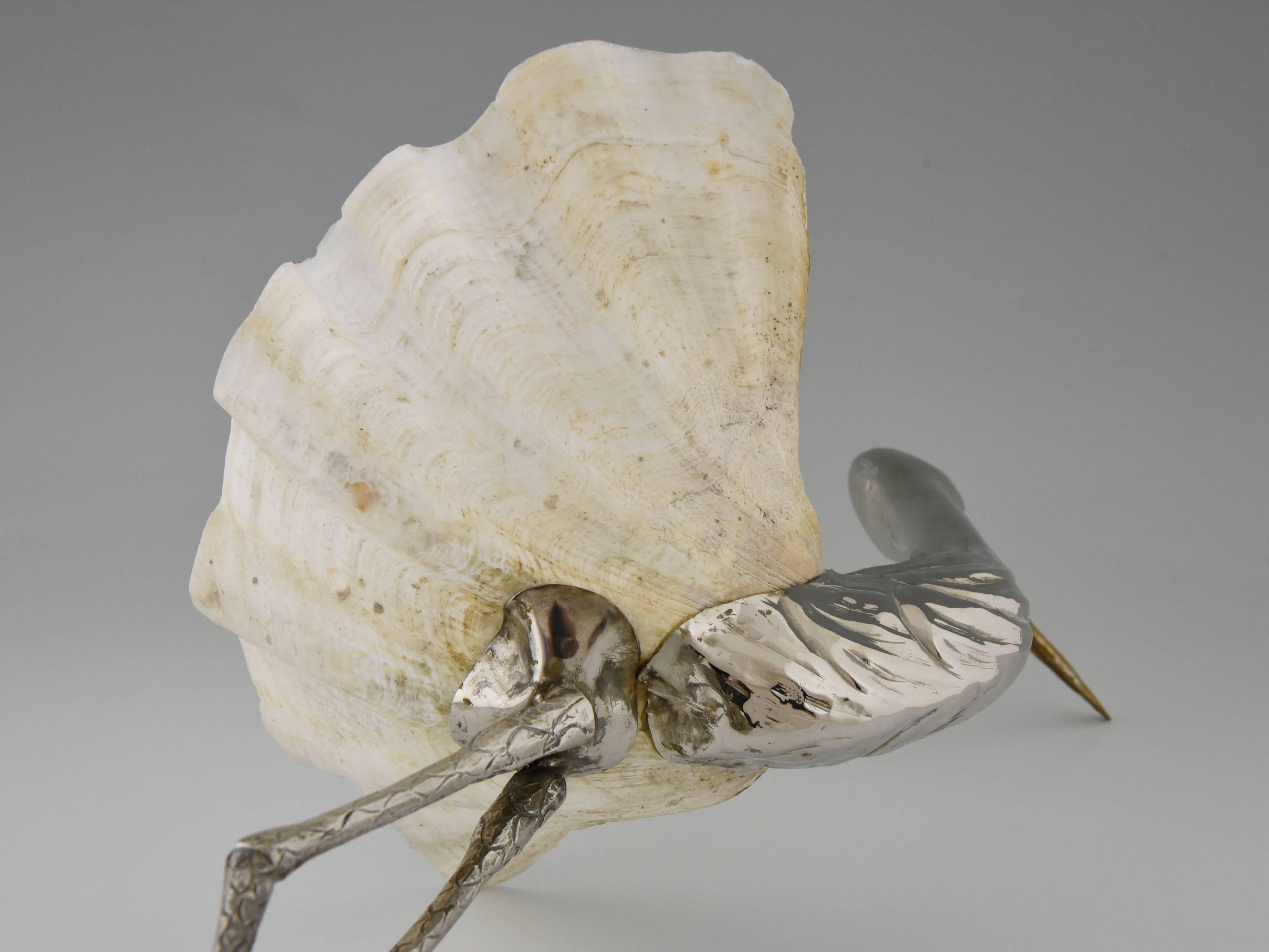 Modern Italian Bird Sculpture Silvered Metal and Seashell by Gabriella Binazzi 3