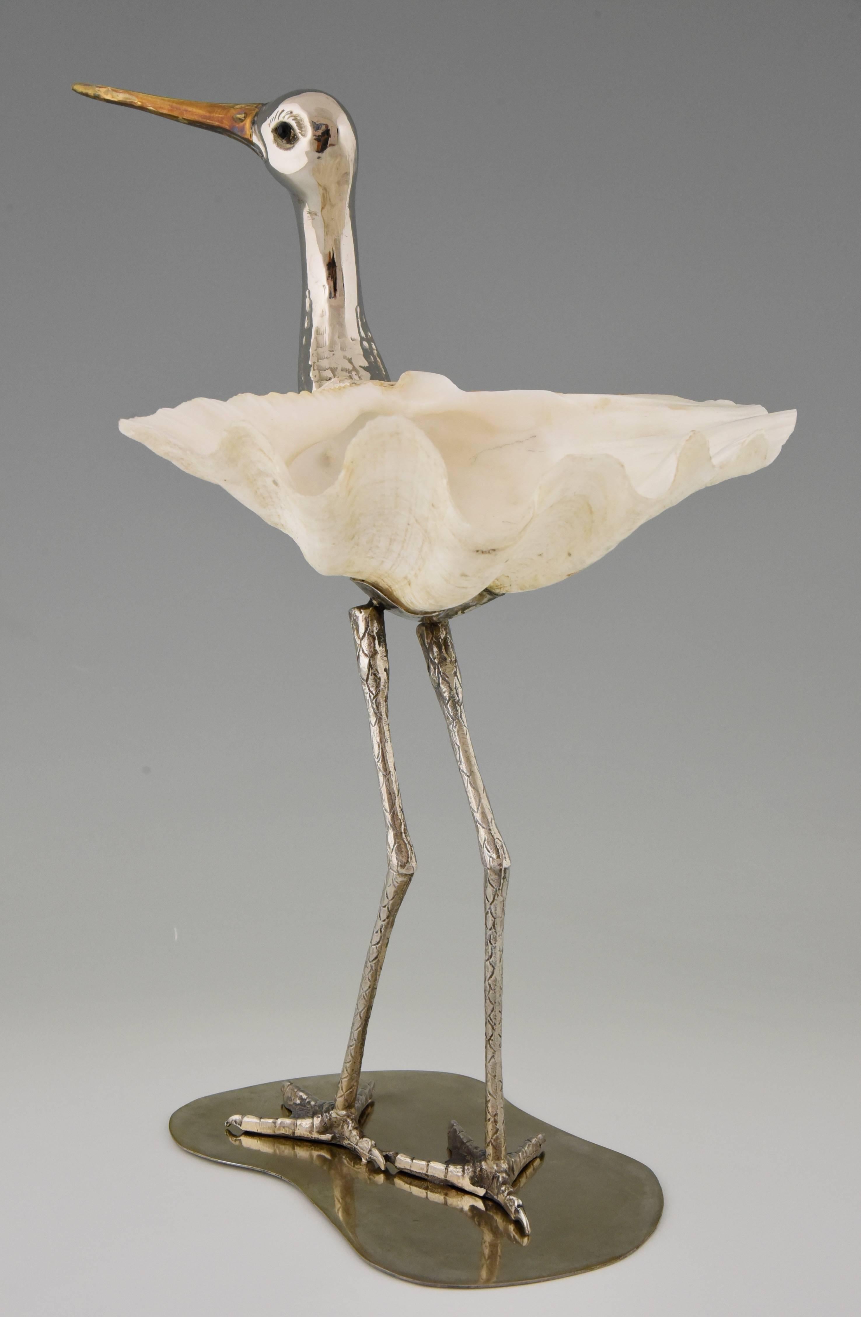 20th Century Modern Italian Bird Sculpture Silvered Metal and Seashell by Gabriella Binazzi