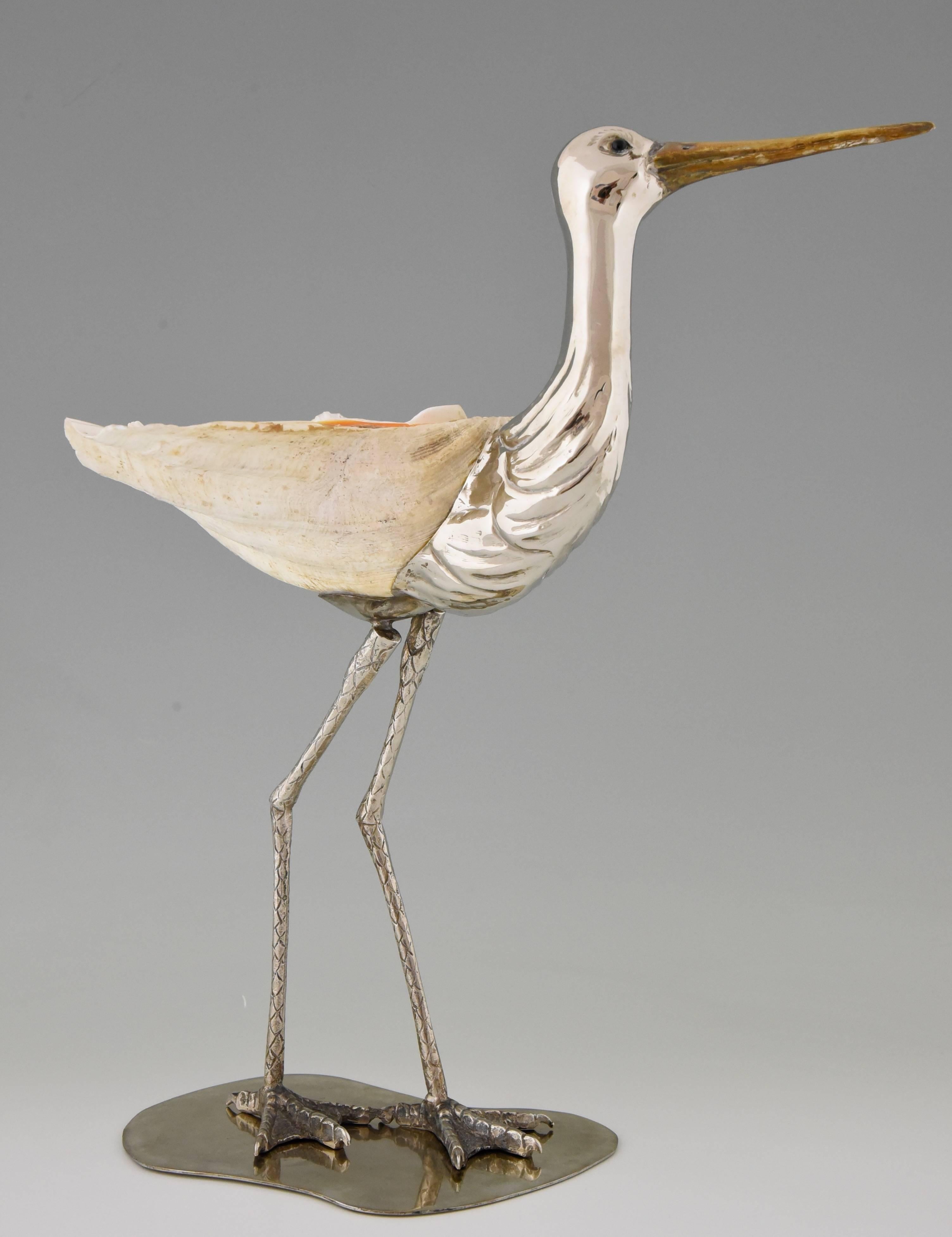 Modern Italian Bird Sculpture Silvered Metal and Seashell by Gabriella Binazzi In Good Condition In Antwerp, BE