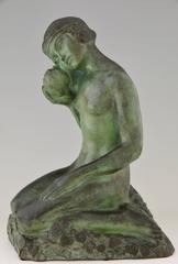 Art Deco Bronze Skulptur Nacktes Mädchen mit Taube von Sylvestre Clerc 1929 Susse Fr.