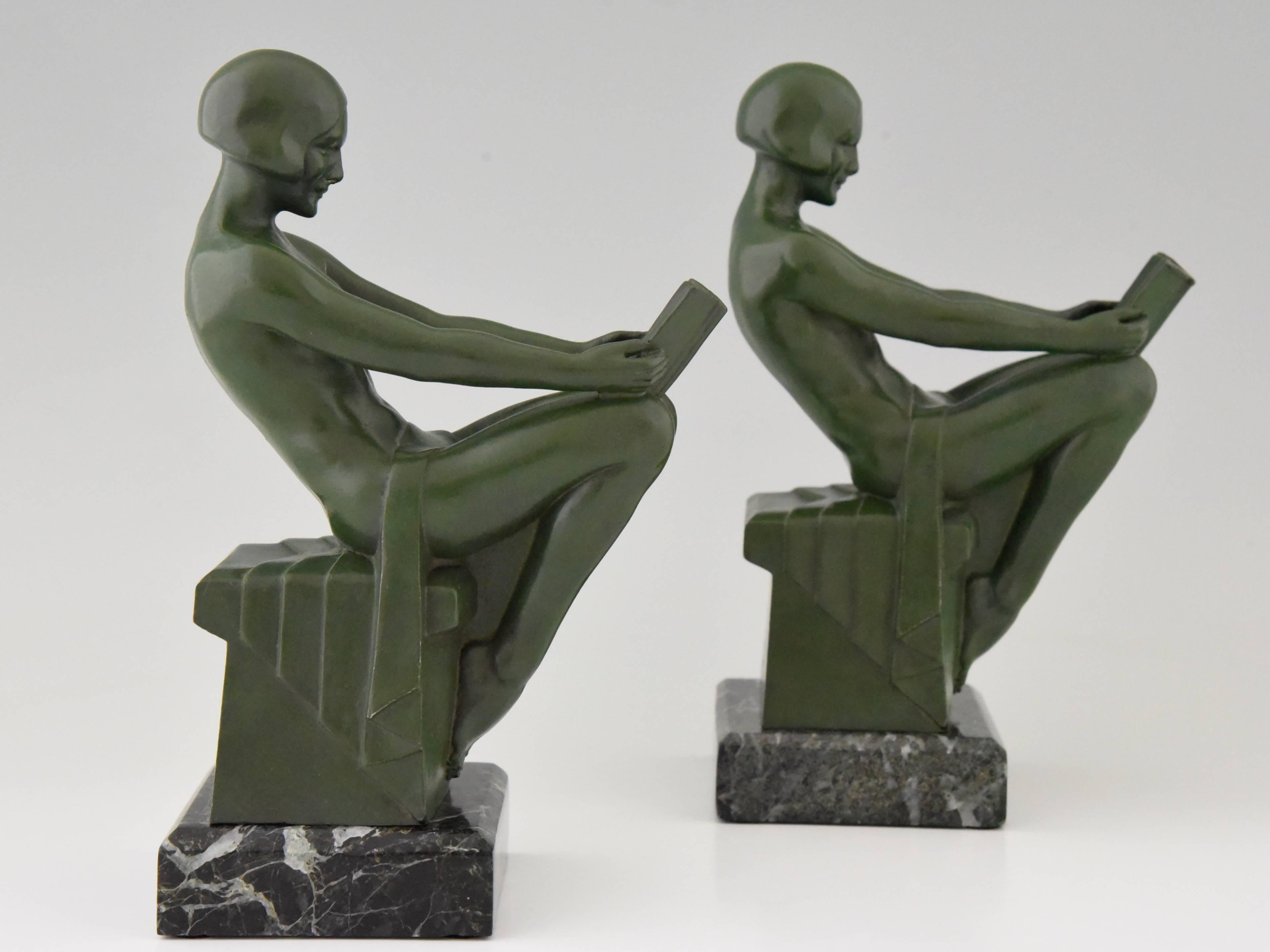 20th Century French Art Deco Bookends Reading Nudes by Max Le Verrier, 1930