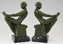 French Art Deco Bookends Reading Nudes by Max Le Verrier, 1930