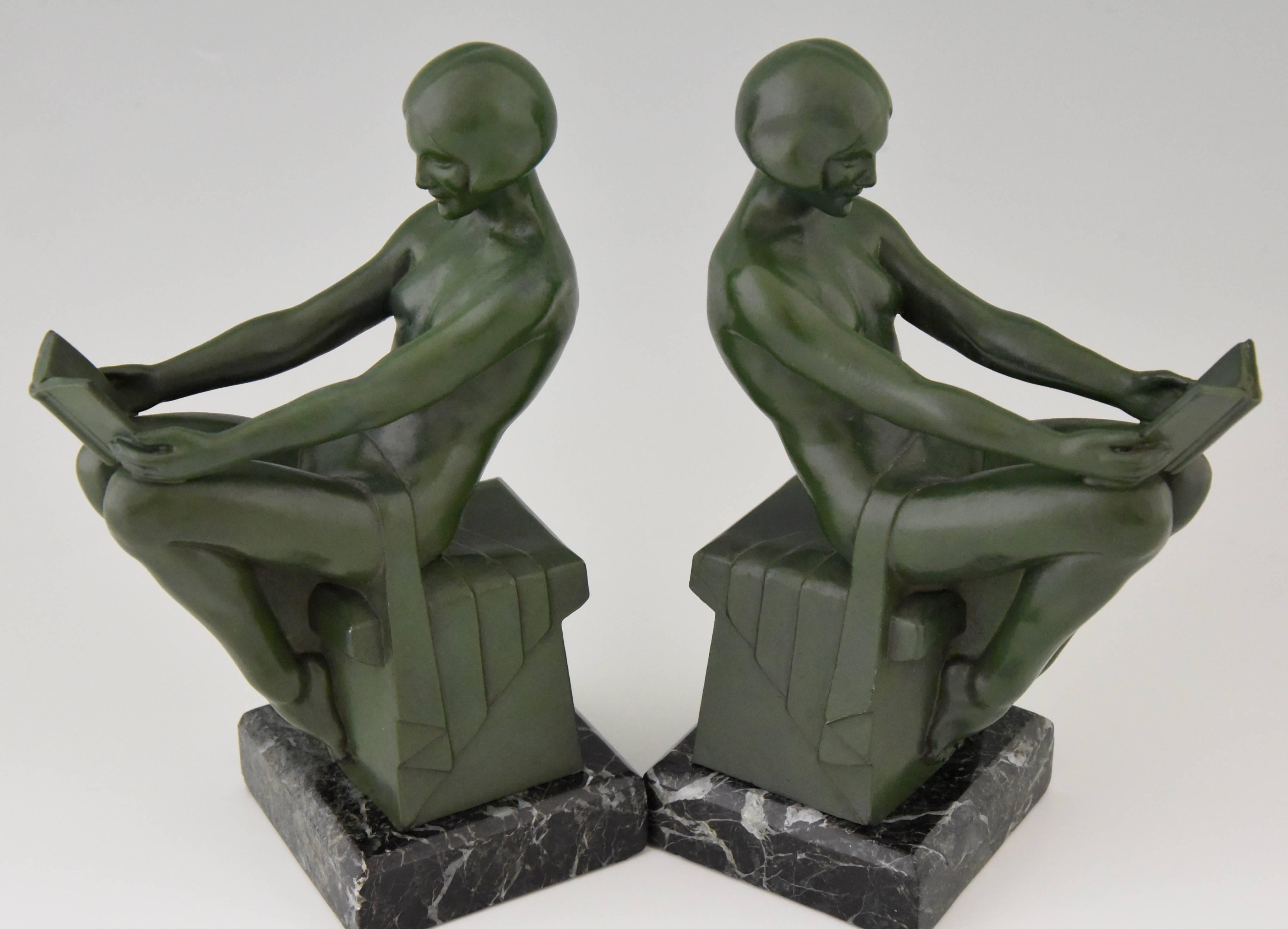 French Art Deco Bookends Reading Nudes by Max Le Verrier, 1930 1