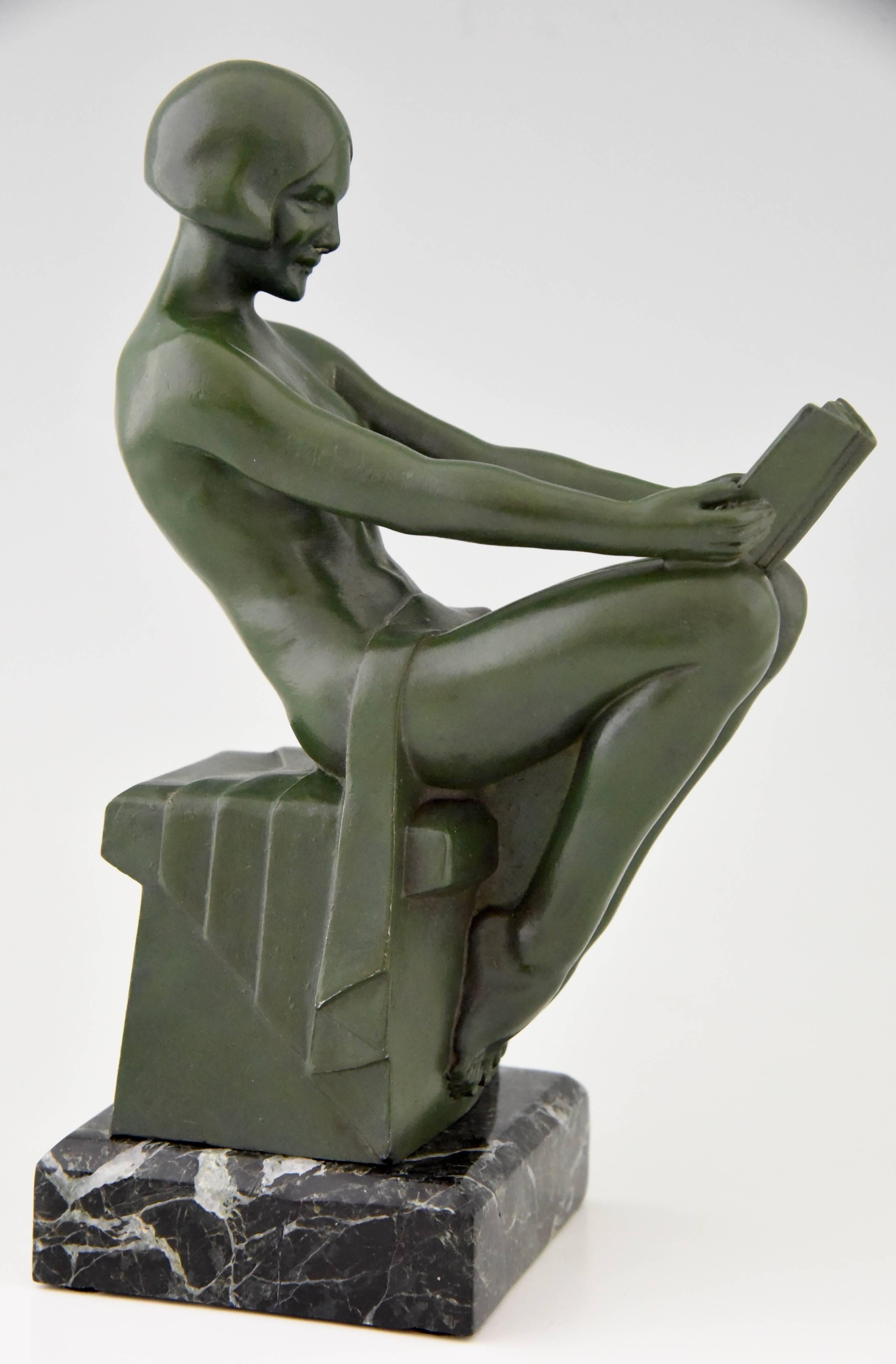 French Art Deco Bookends Reading Nudes by Max Le Verrier, 1930 3