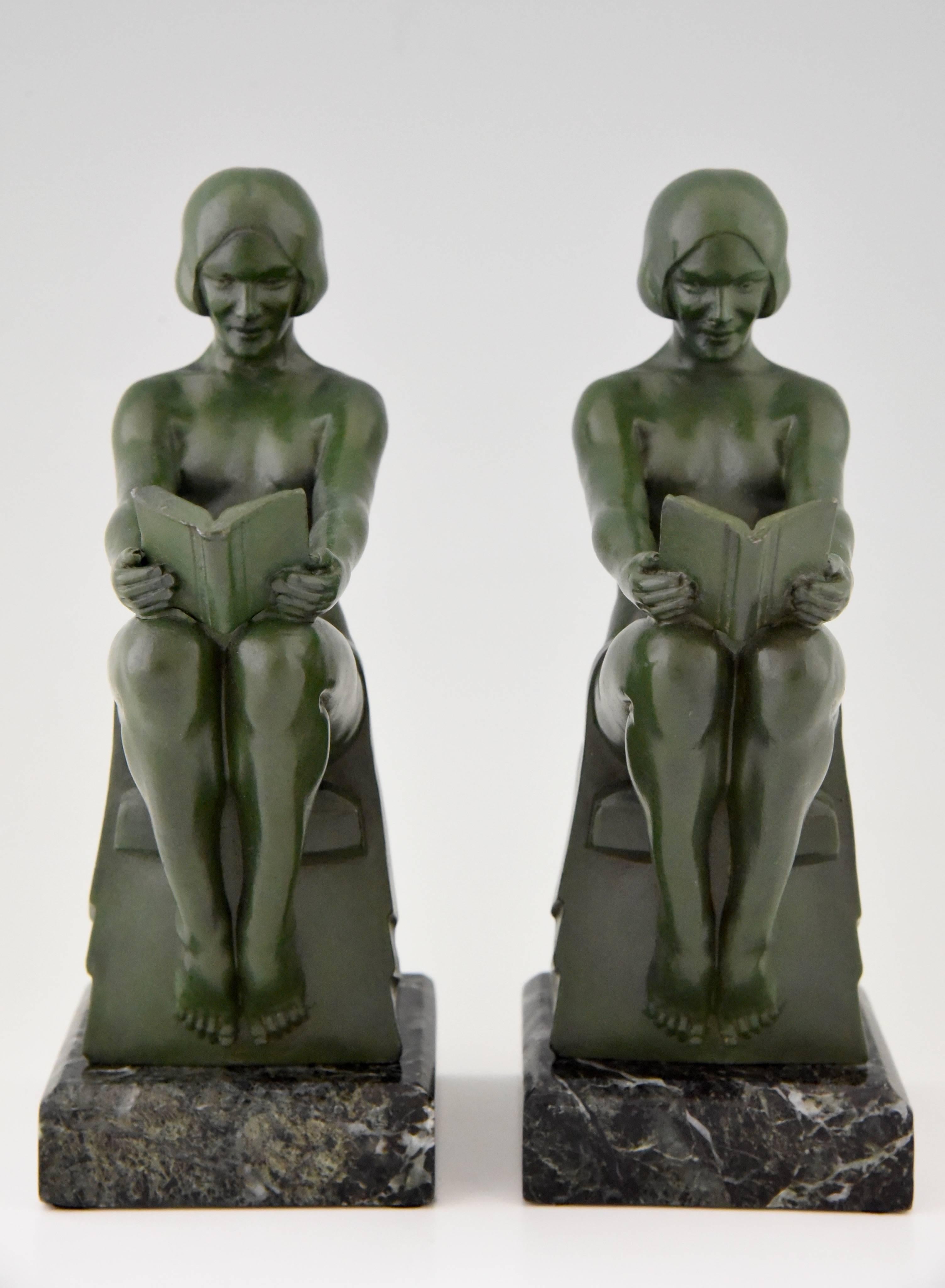Patinated French Art Deco Bookends Reading Nudes by Max Le Verrier, 1930