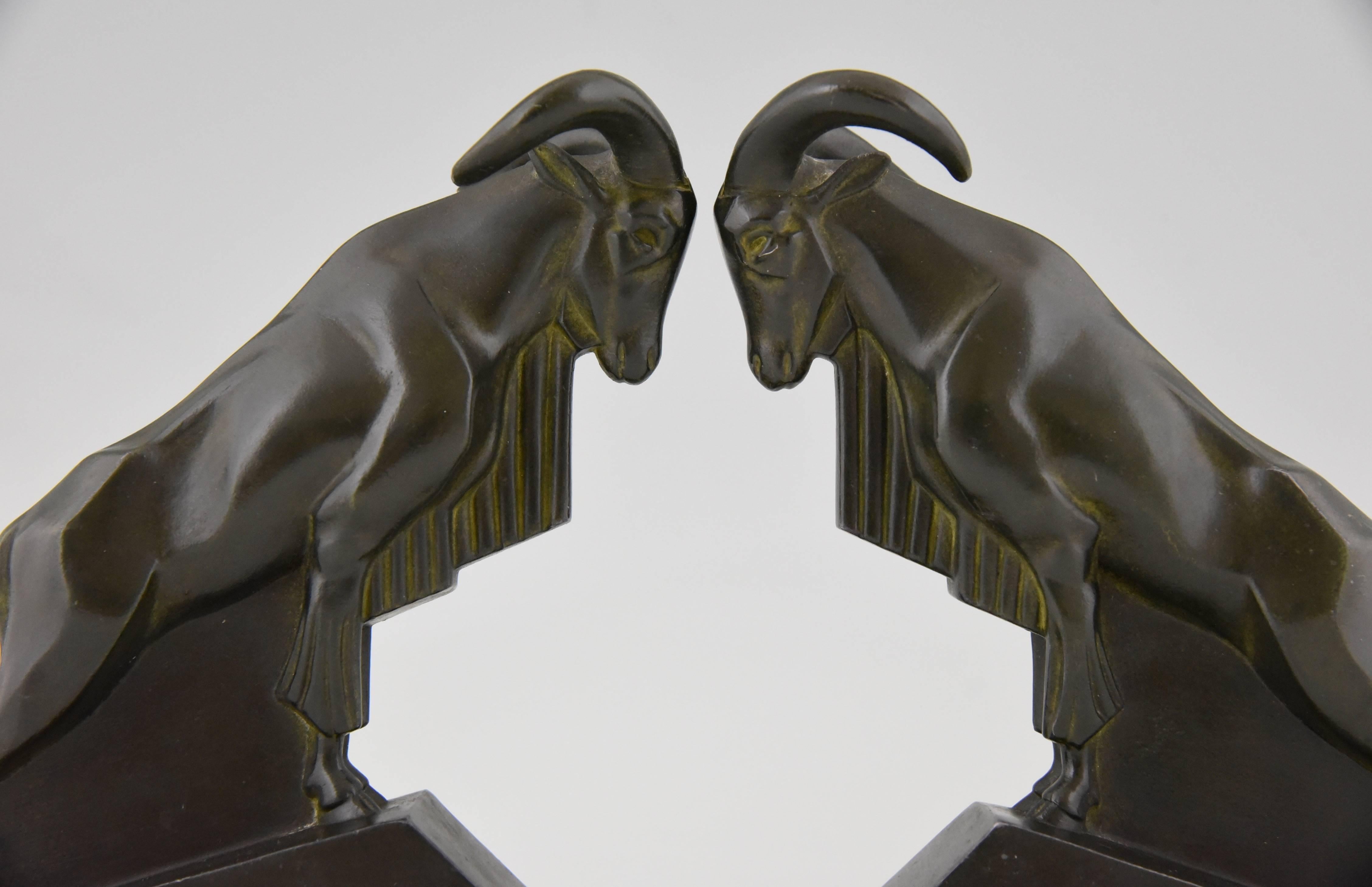 Patinated French Art Deco Ram Bookends by Max Le Verrier, 1930