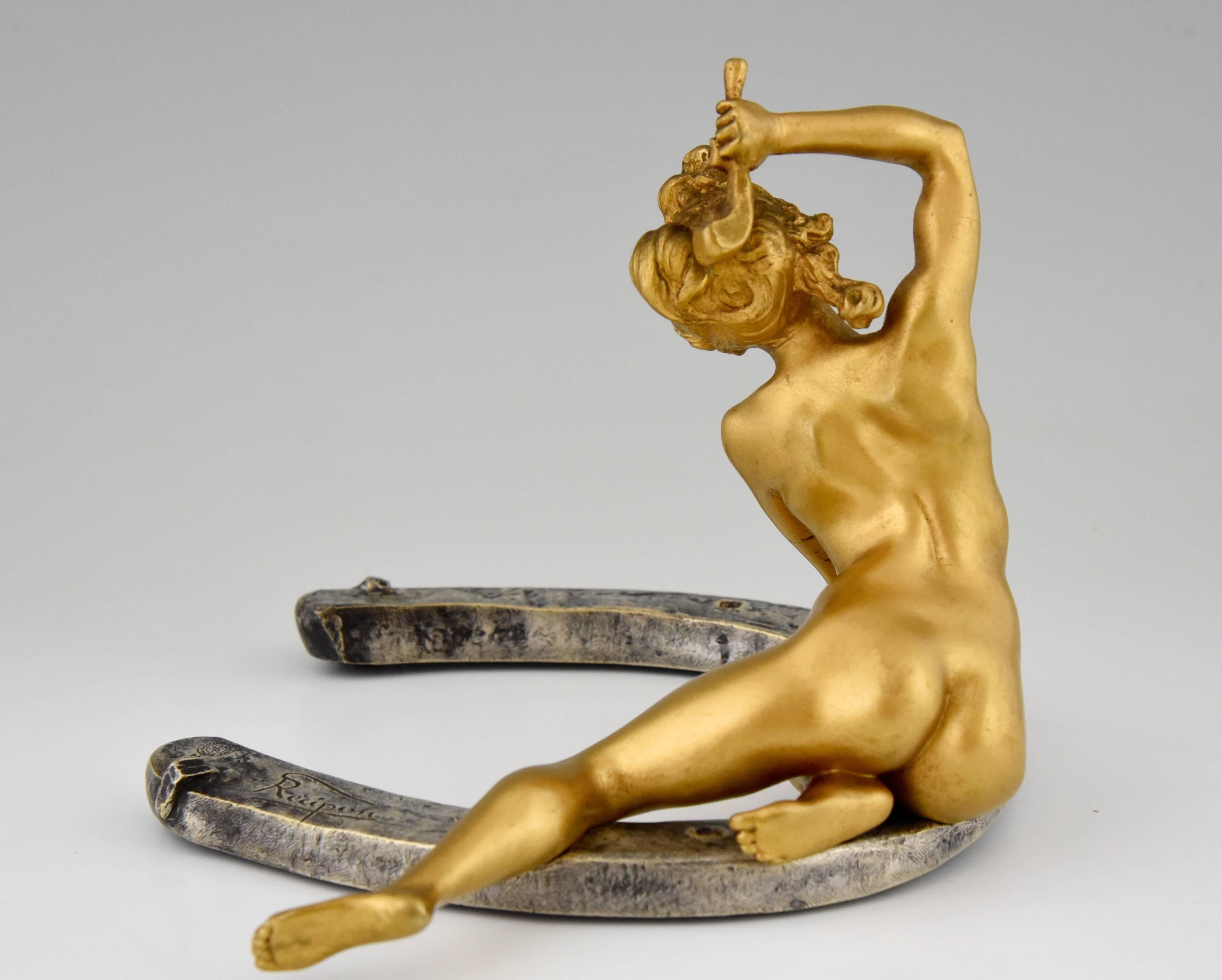 French Art Nouveau Bronze Nude on Horseshoe by G. Récipon, 1896 1