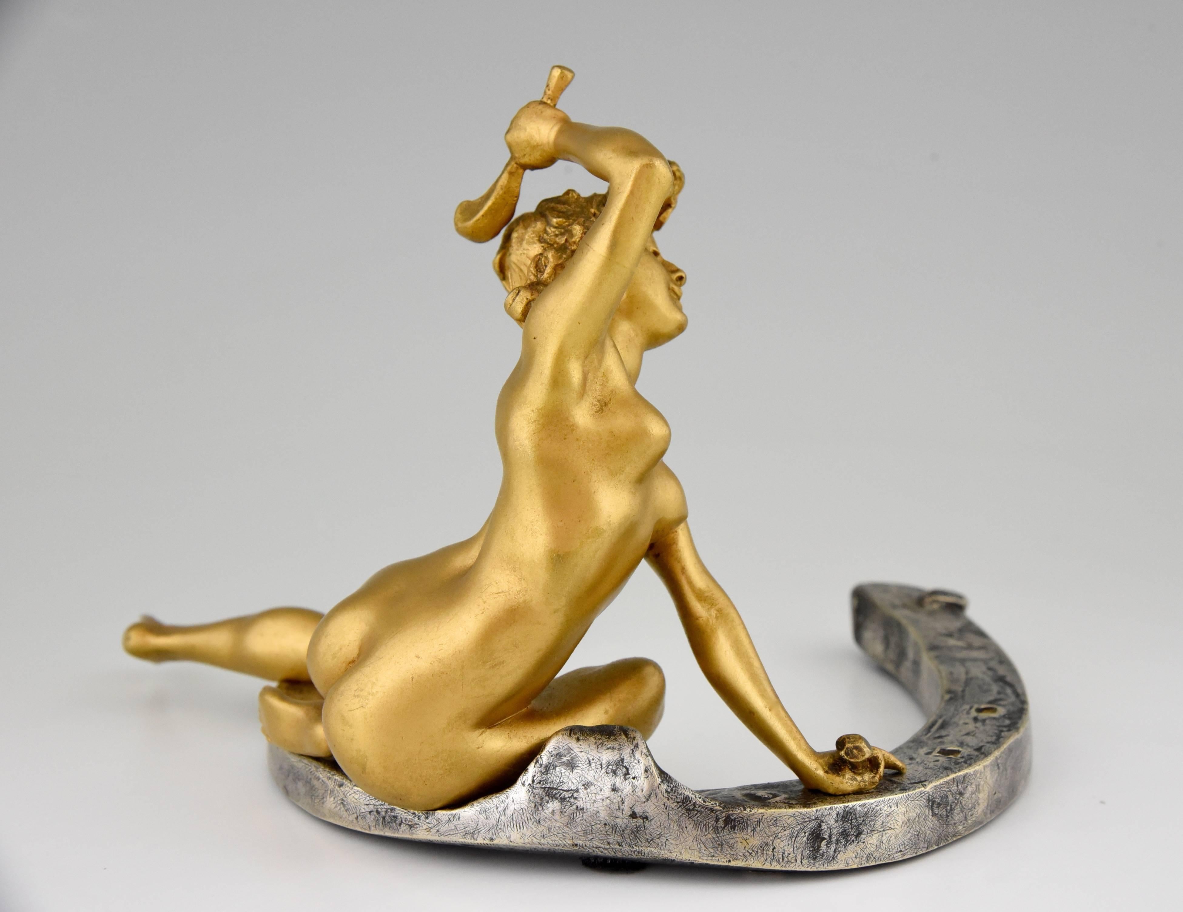 19th Century French Art Nouveau Bronze Nude on Horseshoe by G. Récipon, 1896