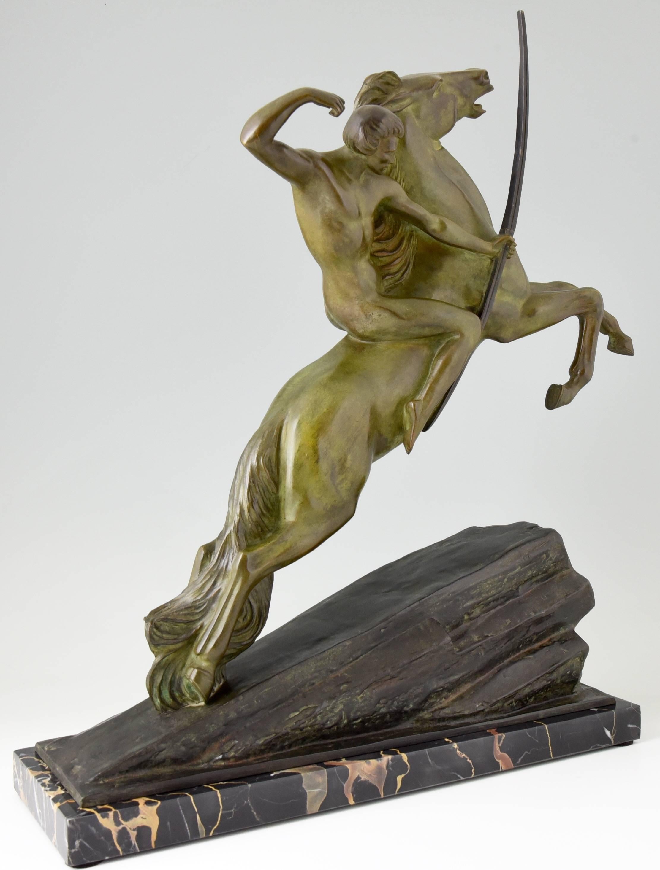 Patinated Art Deco Bronze Sculpture of an Archer on a Rearing Horse by Lemo, 1925