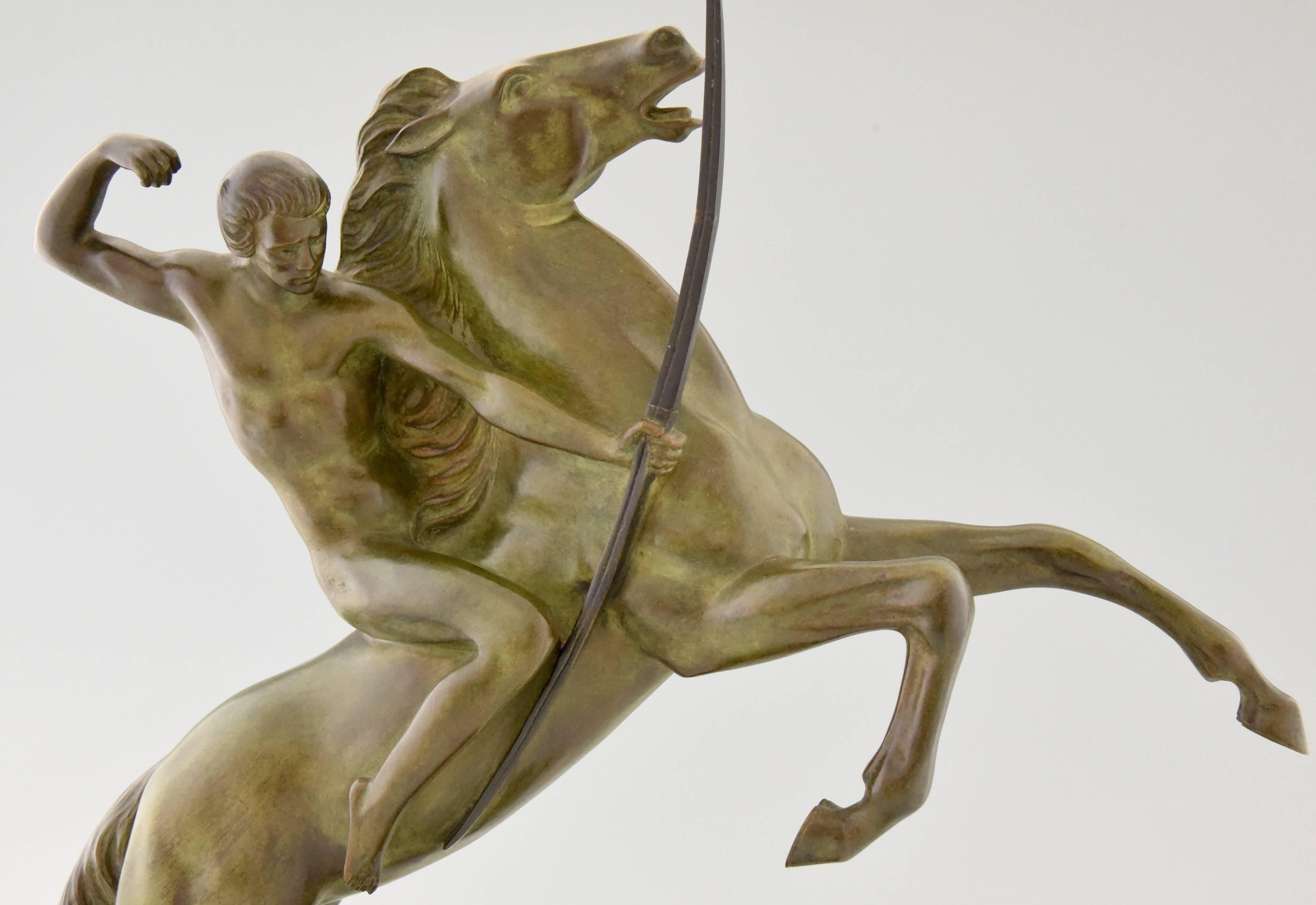 Art Deco Bronze Sculpture of an Archer on a Rearing Horse by Lemo, 1925 2