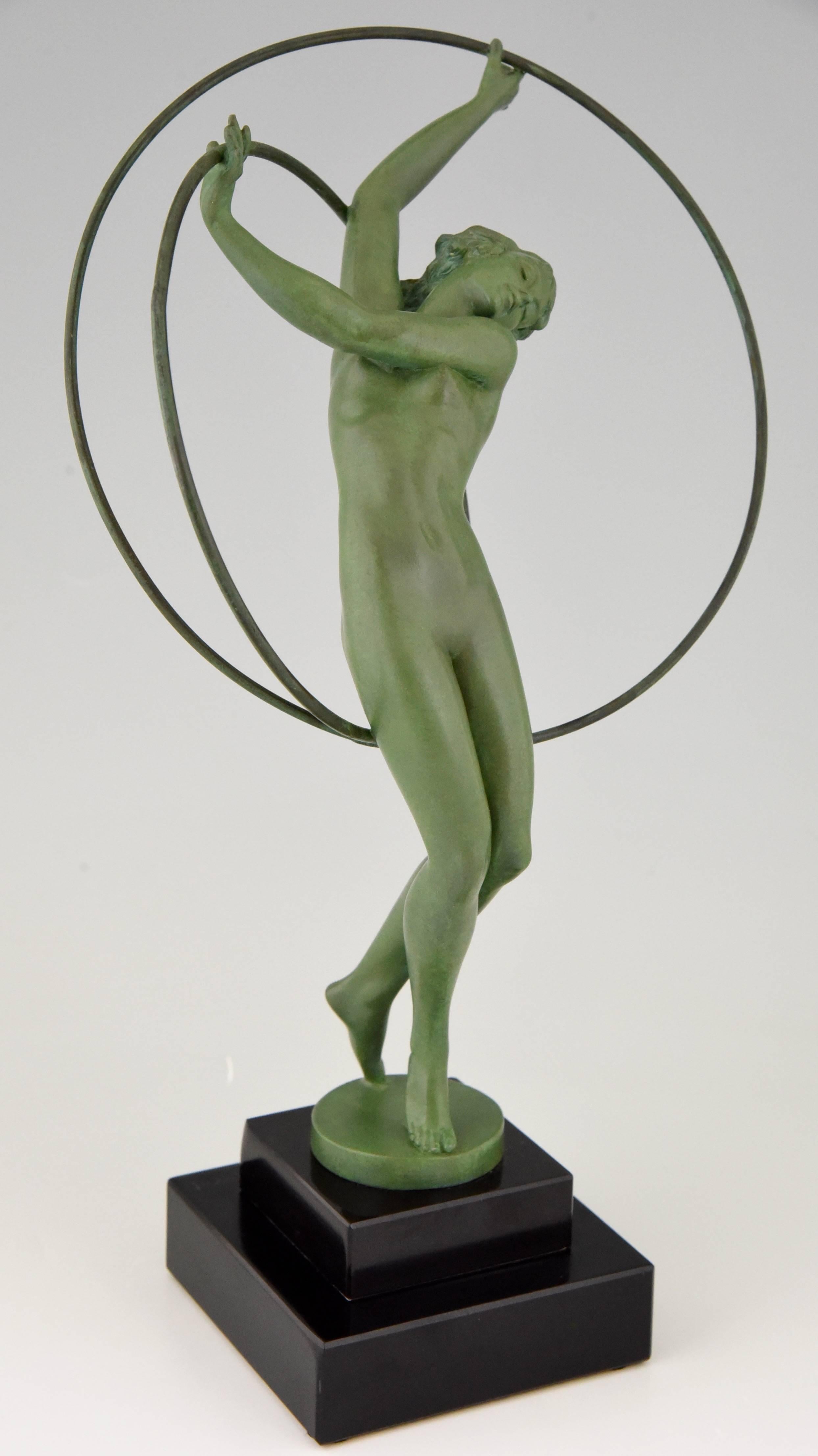 Patinated French Art Deco Sculpture Nude Hoop Dancer by Fayral, Pierre Le Faguays, 1930